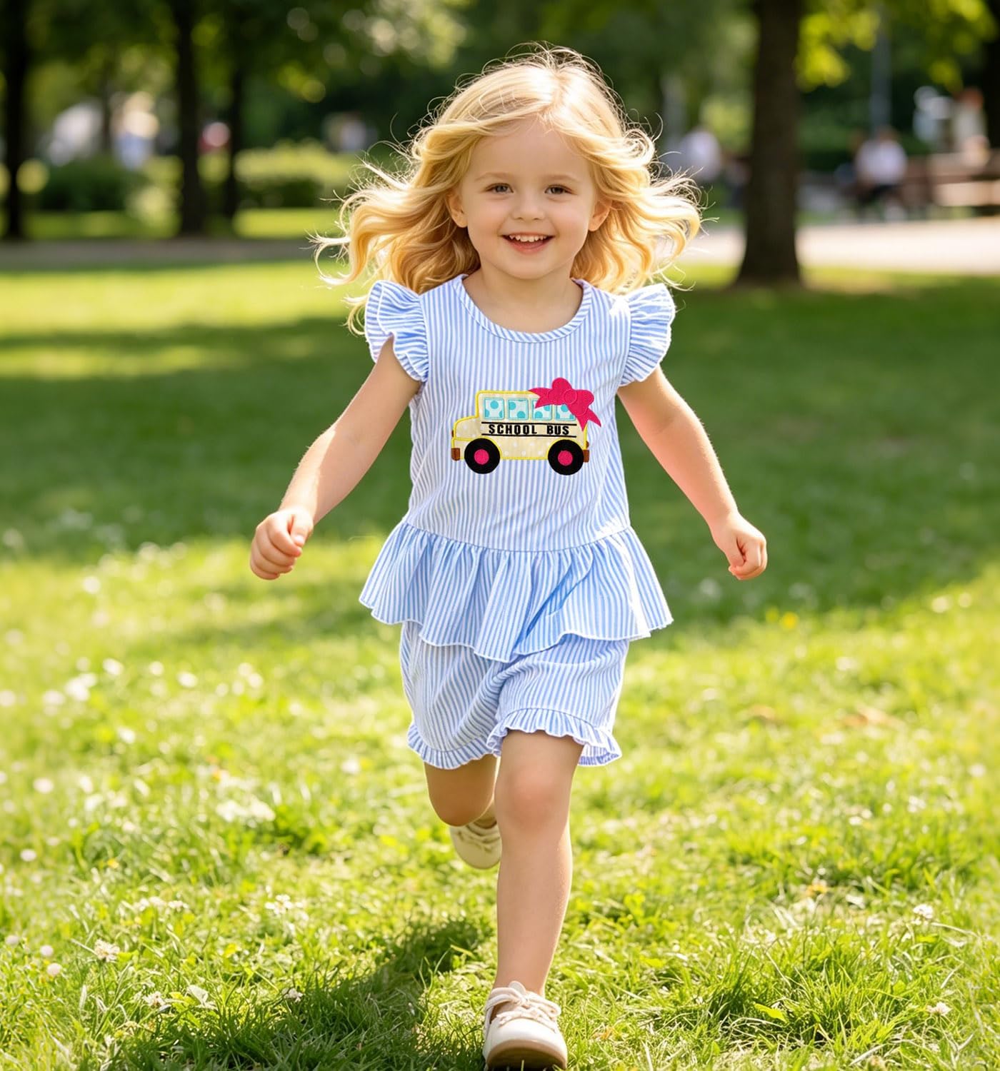 Ritatte Toddler Girl Back to School Outfit Kids Bus Embroidery Ruffled Sleeve T-Shirts Shorts Set First Day of School Clothes