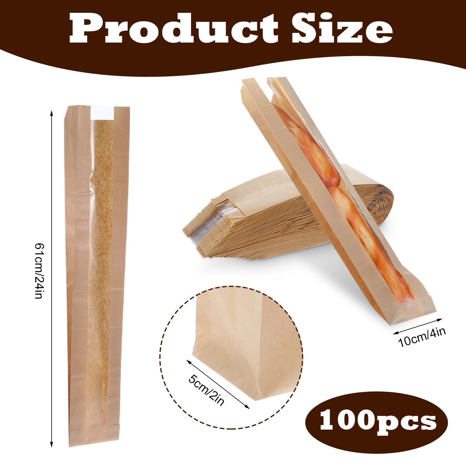 JOUTYFOR 100 Pieces Paper Bread Bag with Window for Homemade Bread Bags Baguette Bags Brown Kraft Loaf Storage Sacks Long French Bread Bags Bread Biscuits Packaging (4 x 2 x 24 Inch)