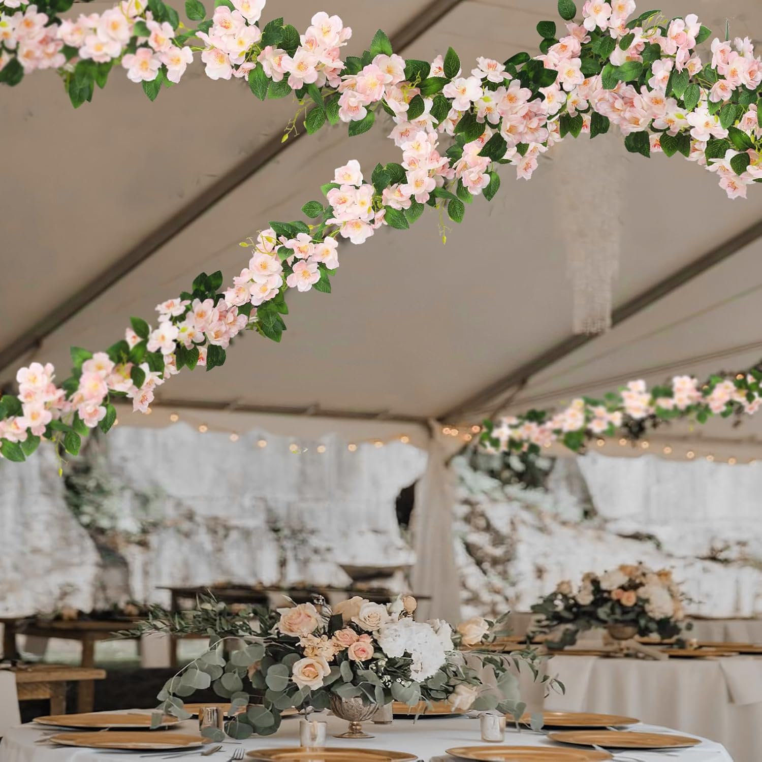 CISDUEO Artificial Cherry Blossom Flower Vine Hanging Champagne Cherry Blossom Flower Silk Garland Hanging Vines Faux Flowers for Outdoors Spring Wedding Party Home Table Centerpiece Arrangement Decor - Image 7