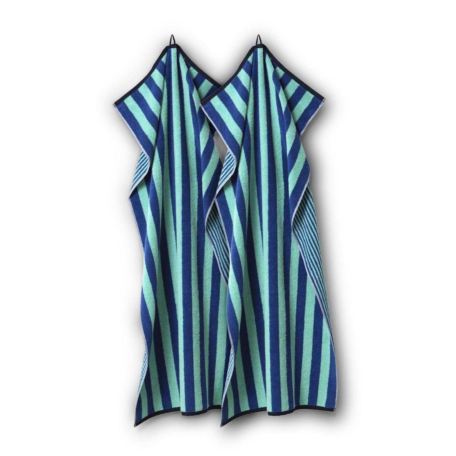 herzbach home Good Vibes - Set di 2 asciugamani da doccia, 70 x 140 cm, grandi, morbidi e assorbenti, design a righe, 100% cotone finissimo (turchese/blu)