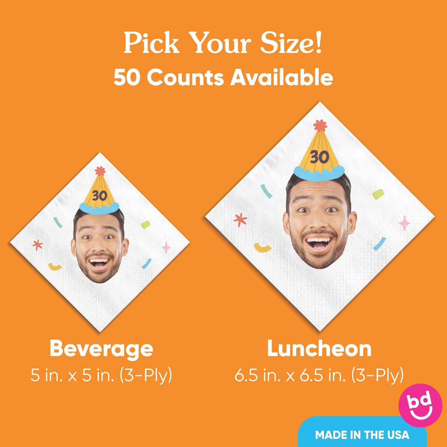 Big Dot of Happiness Custom Photo Colorful Birthday Face Party Napkins, Personalized Party Time Birthday Age Decor, White 3-Ply Paper Beverage Cocktail Napkins - 50 Count