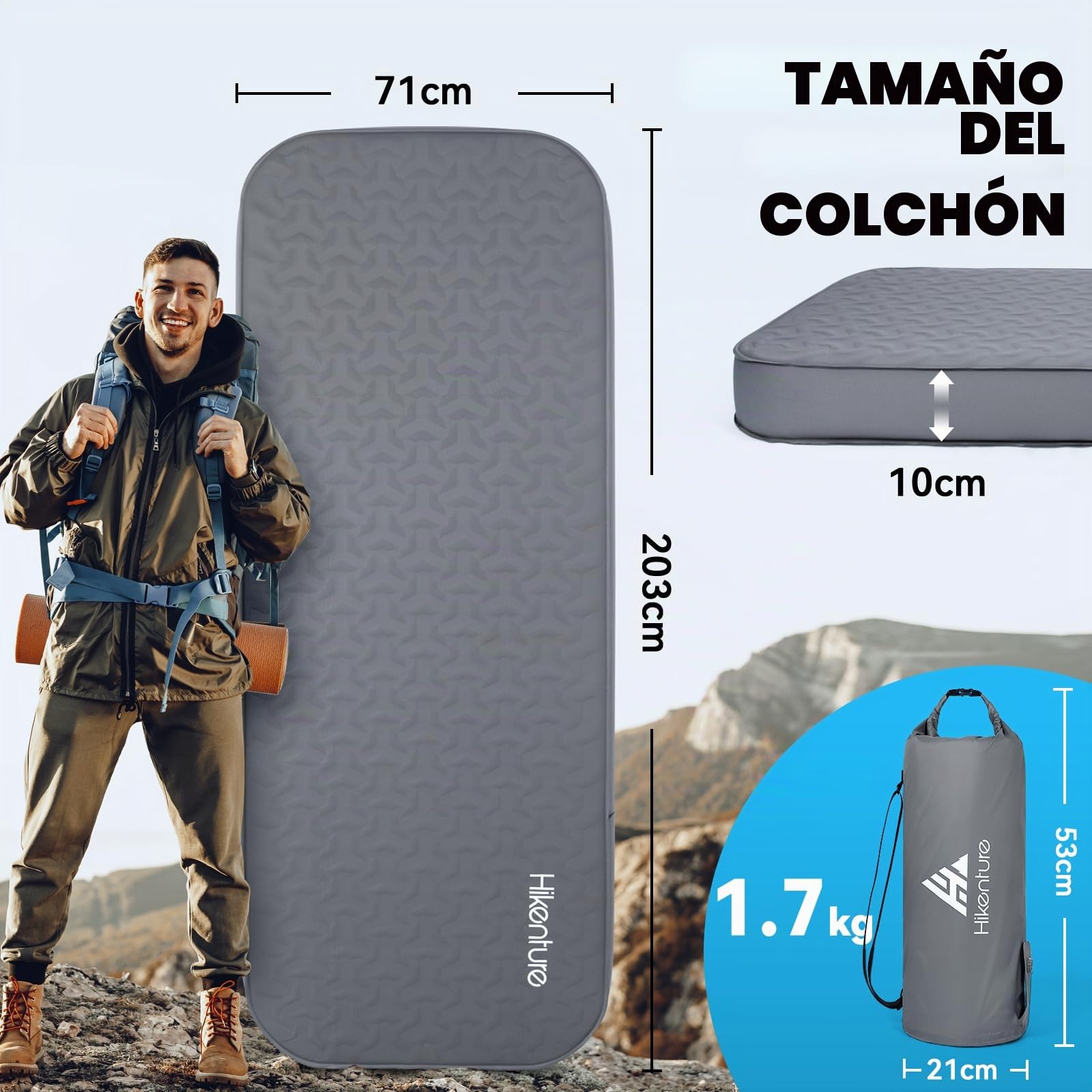 HIKENTURE Colchoneta autoinflable con bomba eléctrica, 10 cm de grosor, colchón de espuma para acampar, 9,5 R de valor