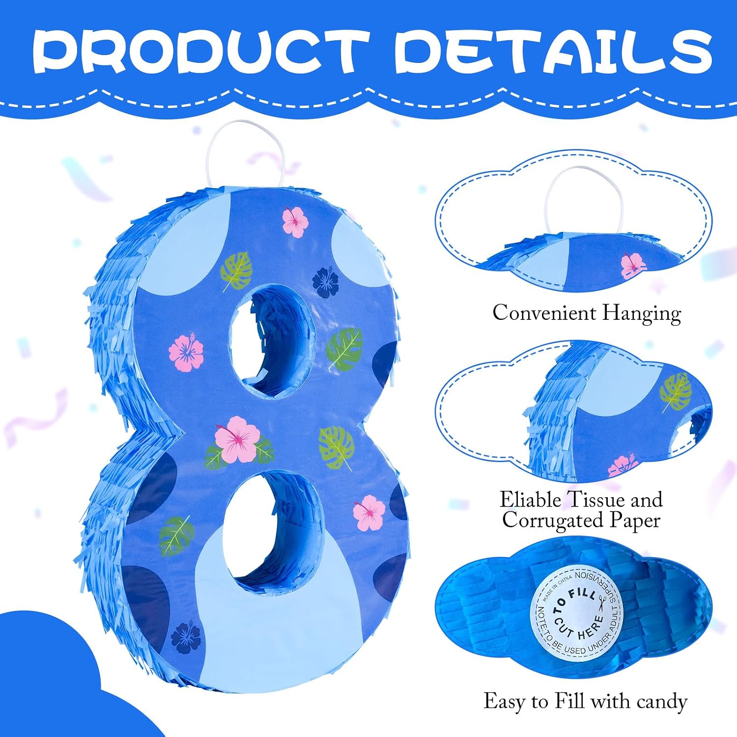 16 Inch Blue Pinata Set with Hawaii Pattern Number 8 Piñata, Blindfold and Stick for Boys Girls 8th Birthday Party Decorations (8-Hawaii Pattern Piñata)