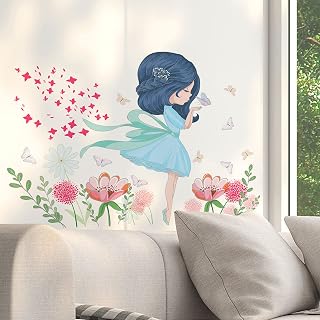 Flower Fairy Wall Decals Butterfly Flower Wall Stickers Girl Wall Art Decals Peel and Stick Removable DIY Romance Floral Wall Mural for Kids Bedroom Living Room Nursery Home Decor