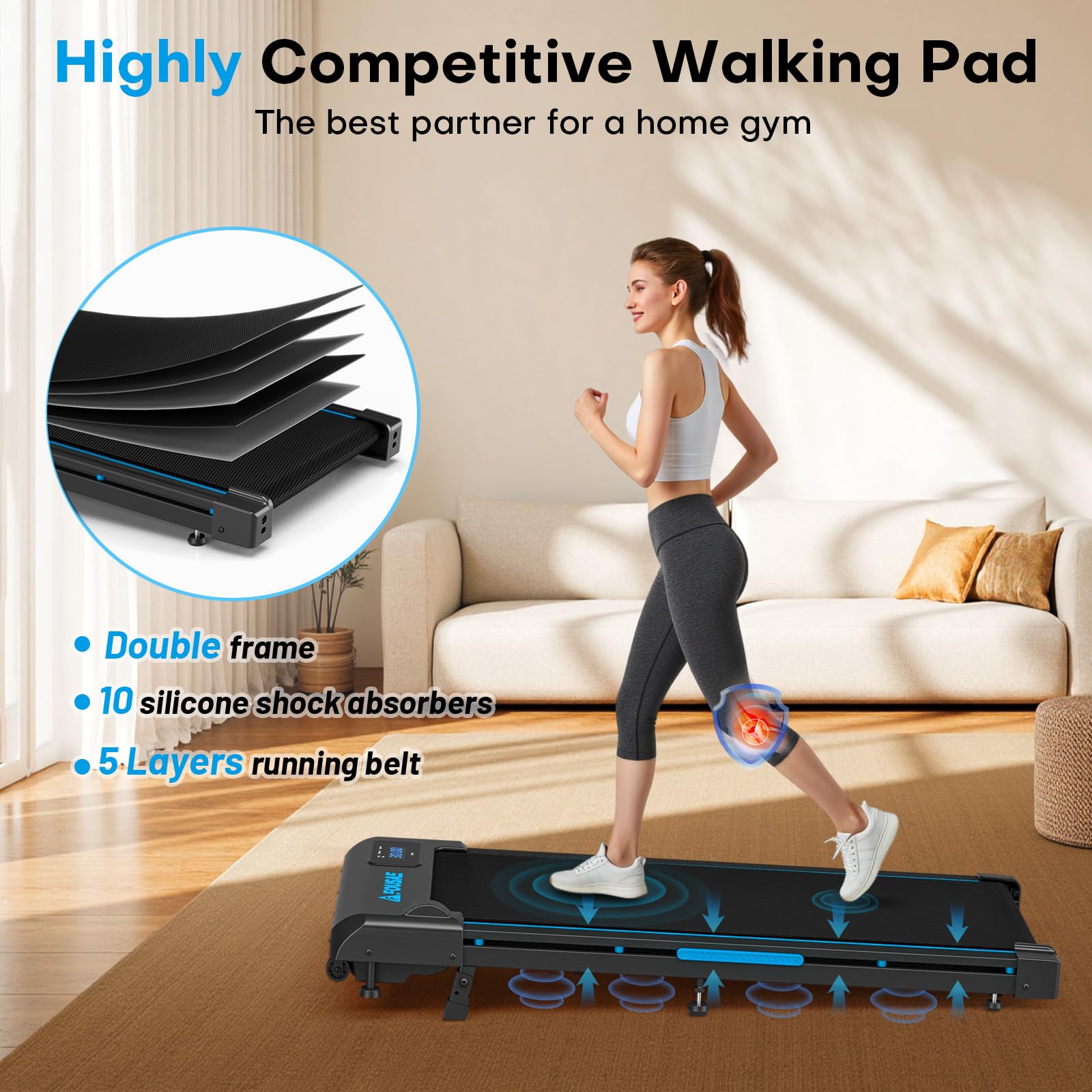 Walking Pad with 9% Incline, FOUSAE 3 in 1 6.2 MPH Treadmill for Home with Double Frame 330 LB Weight Capacity, 2.5 HP Under Desk Walking Pad Treadmill with 12 HIIT Programs, Magnetic Remote Control - 5