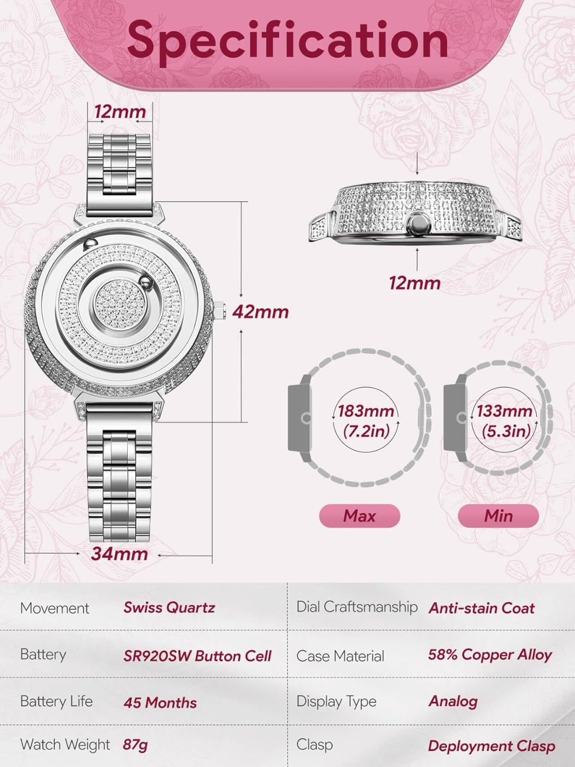 EUTOUR Watches for Women Analogue Quartz Metal, Shining Rhinestone Wrist Watch, Two Magnetized Balls Women's Chronograph Dress Watch with Stainless Steel Mesh Strap Sliver 36mm - Image 4