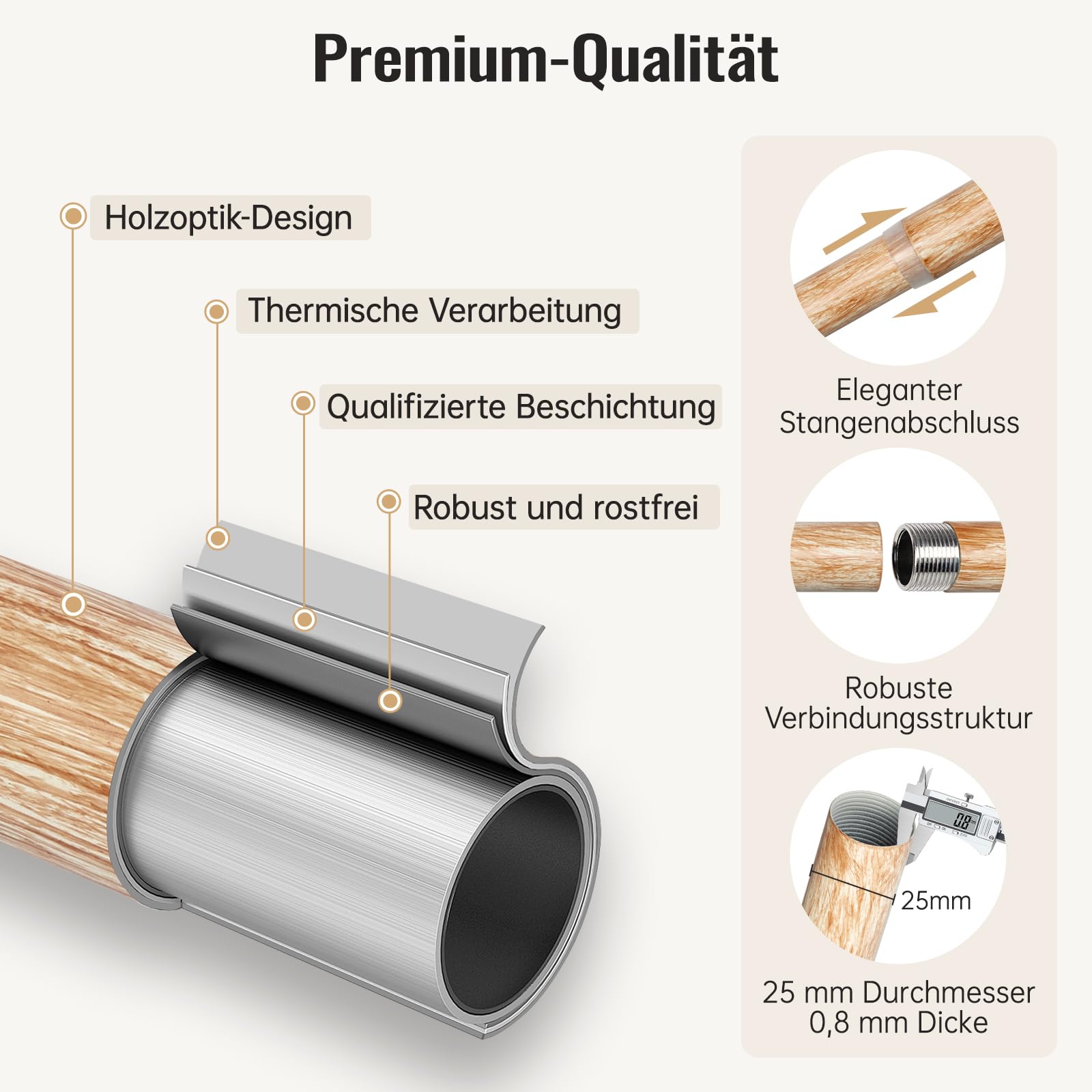 Asta per Tende Telescopica in Effetto Legno (76-381 cm) – Diametro 25 mm, Montaggio a Parete/Soffitto, Ideale per Camera da Letto, Balcone o Soggiorno – Marrone