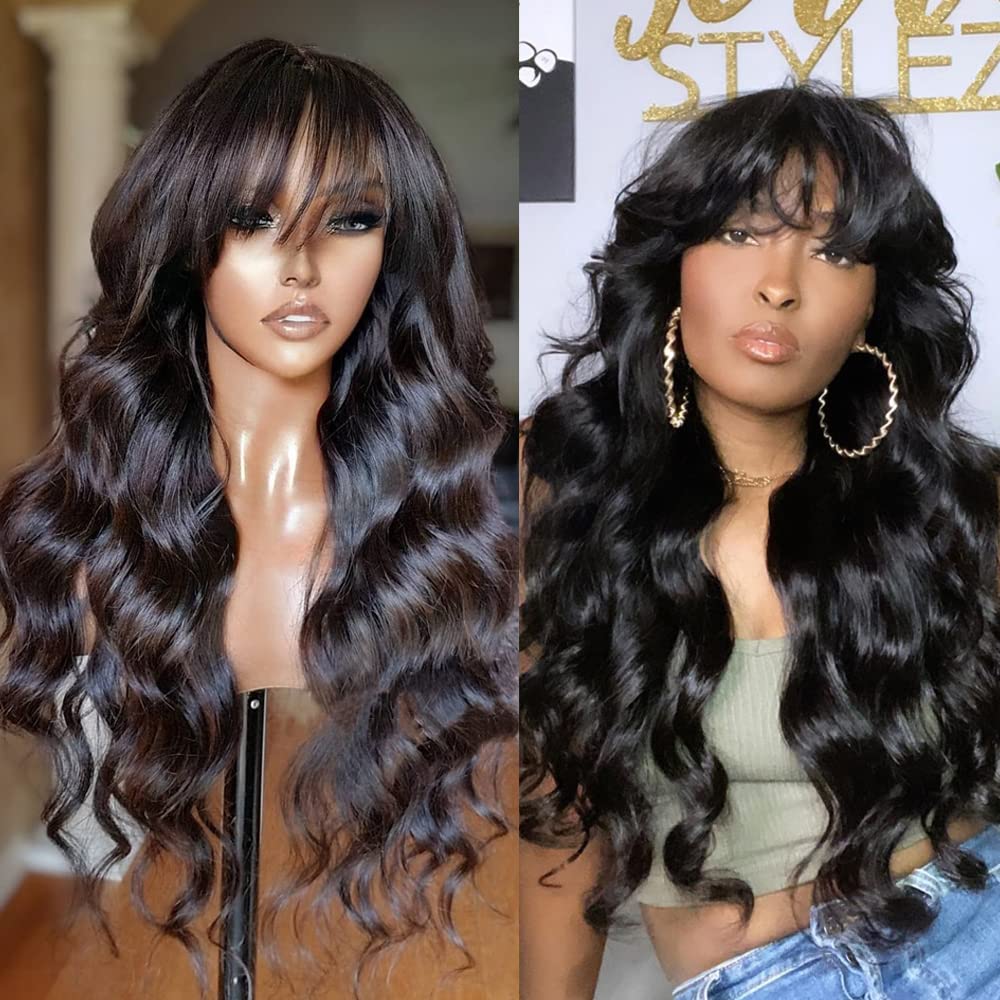 RHEANNA Bang Wig Human Hair 180 Density Brazilian Wavy Wig With Bangs For Black Women O Scalp Top Full Machine Made Wig 18inch