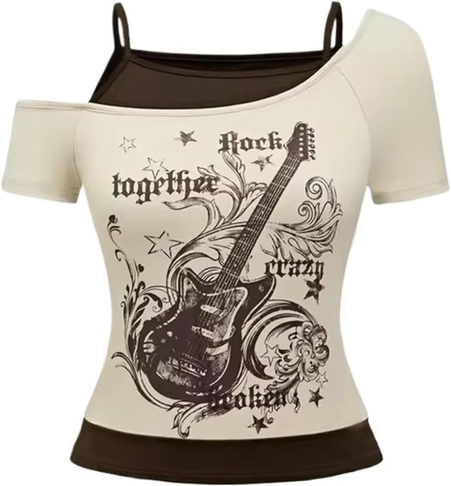 Emo Grunge Shirts Women 2000s Graphic Baby Tees Fake Two