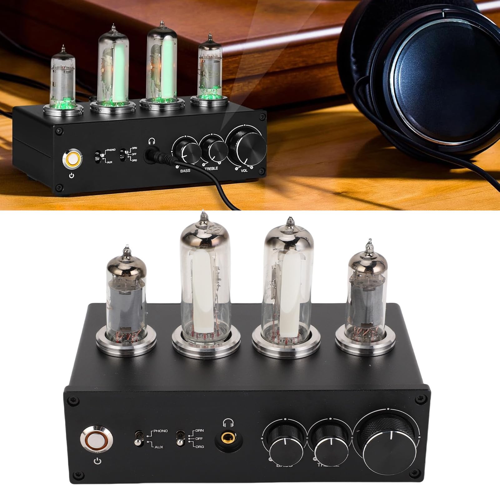 AUNMAS Preamplificatore Fono Valvolare Elettronico, Preamplificatore Audio Stereo HiFi con Jack per Cuffie da 3,5 MM e Controllo dei Bassi Acuti, per Giradischi MM MC (Spina UE 100-240 V)