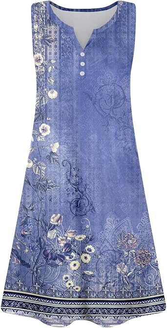 Women's Boho Beach Dress, Loose Sleeveless Sundress with Pockets, Stretchy Swimsuit Coverup for Summer Vacation