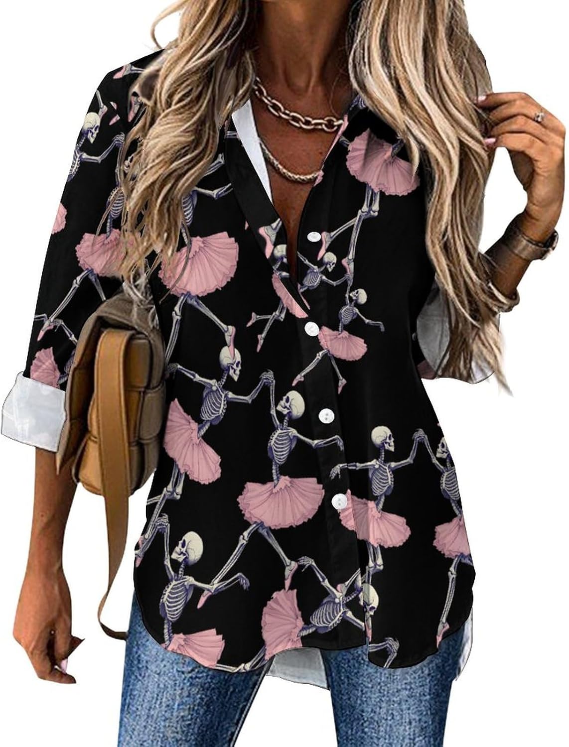 Skull Skeleton Ballet Dancing Womens Long Sleeve Shirt Irregular Hem Tops V Neck Tees for Travel Casual