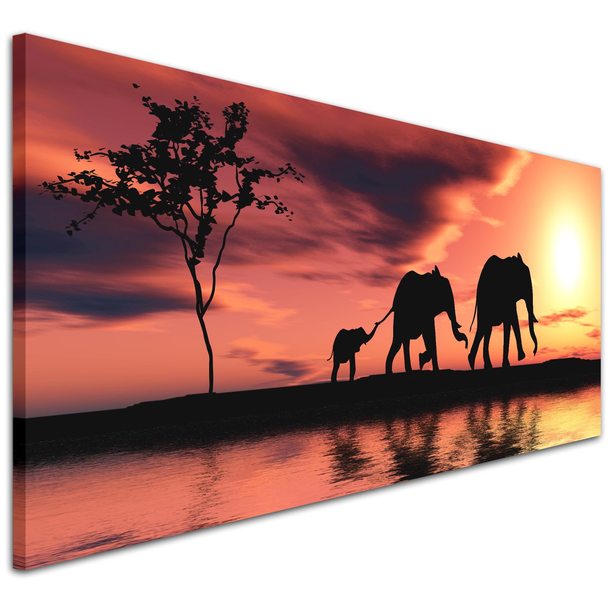 Wallfillers Modern Orange Sunset African Elephants Canvas Wall Art Print - 1102-118x49cm