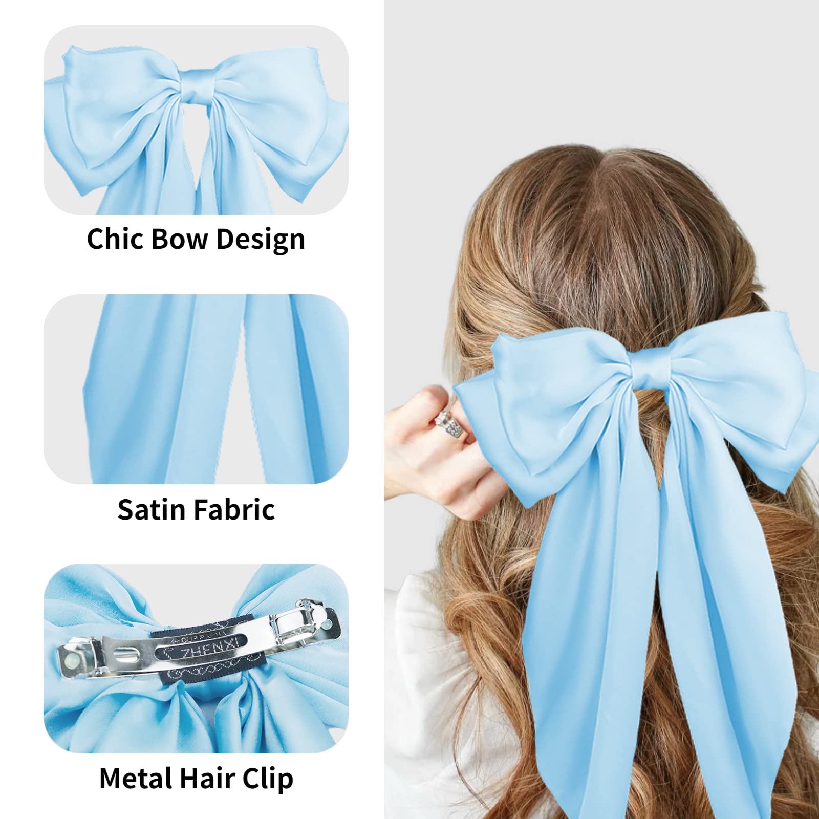 Grandi fiocchi per capelli in raso a strati con fiocco lungo con coda lunga, accessori per capelli in stile francese, per donne e ragazze, 5 colori