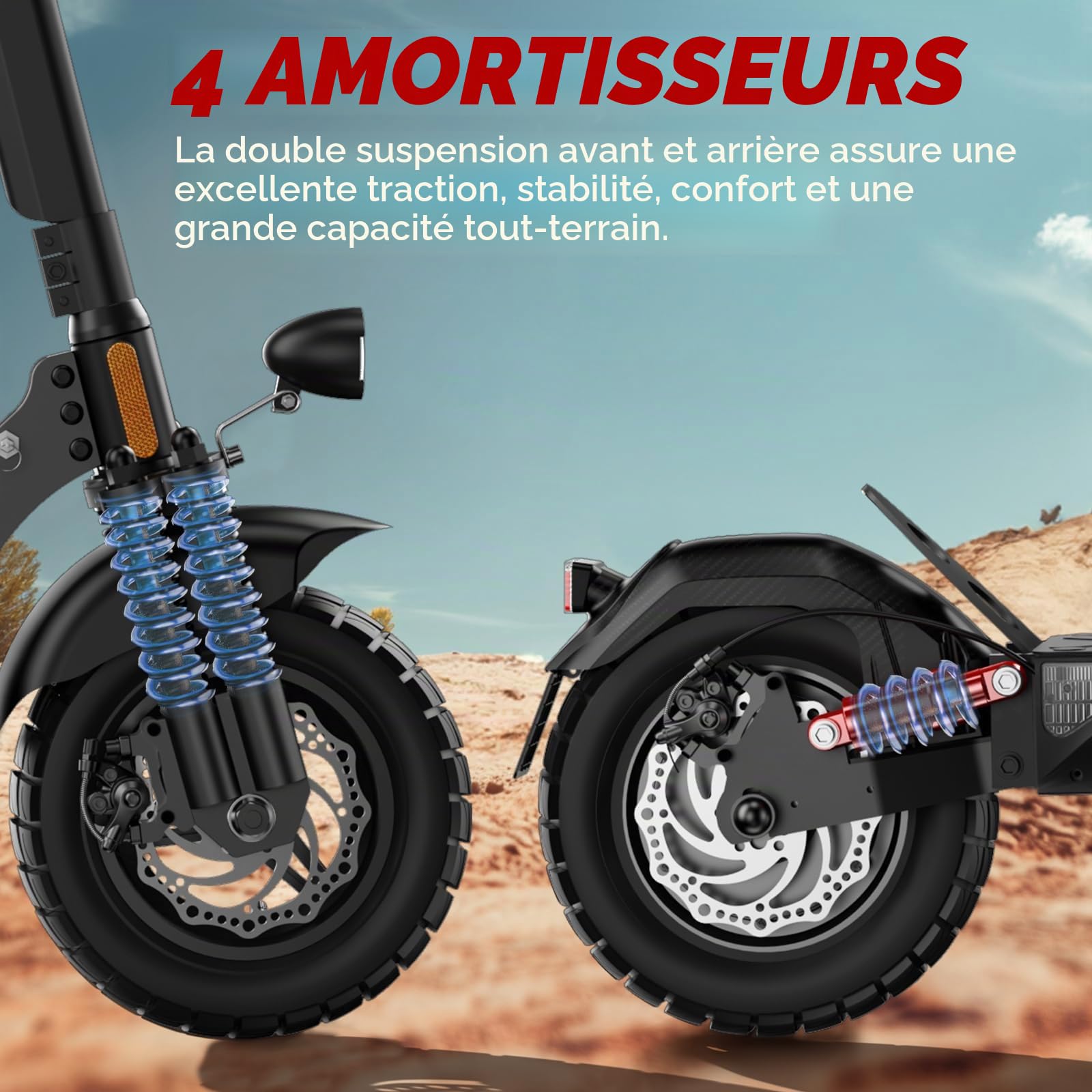 Trottinette électrique homologuée sur Route, pneus pneumatiques Tout-Terrain de 10 Pouces avec Double système d'amortissement des Chocs, Batterie 12,5 Ah, portée 60-70 km, Tableau de Bord LCD