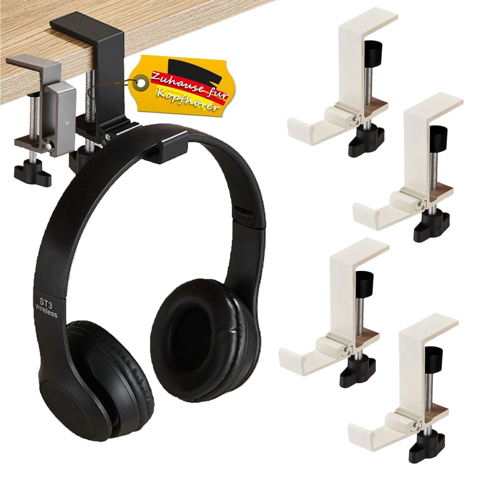 Pack de 4 soportes para auriculares, soporte ajustable para auriculares y ganchos para auriculares, plegable, abrazadera de mesa sin taladrar para auriculares, bolsa, llaves (beige)