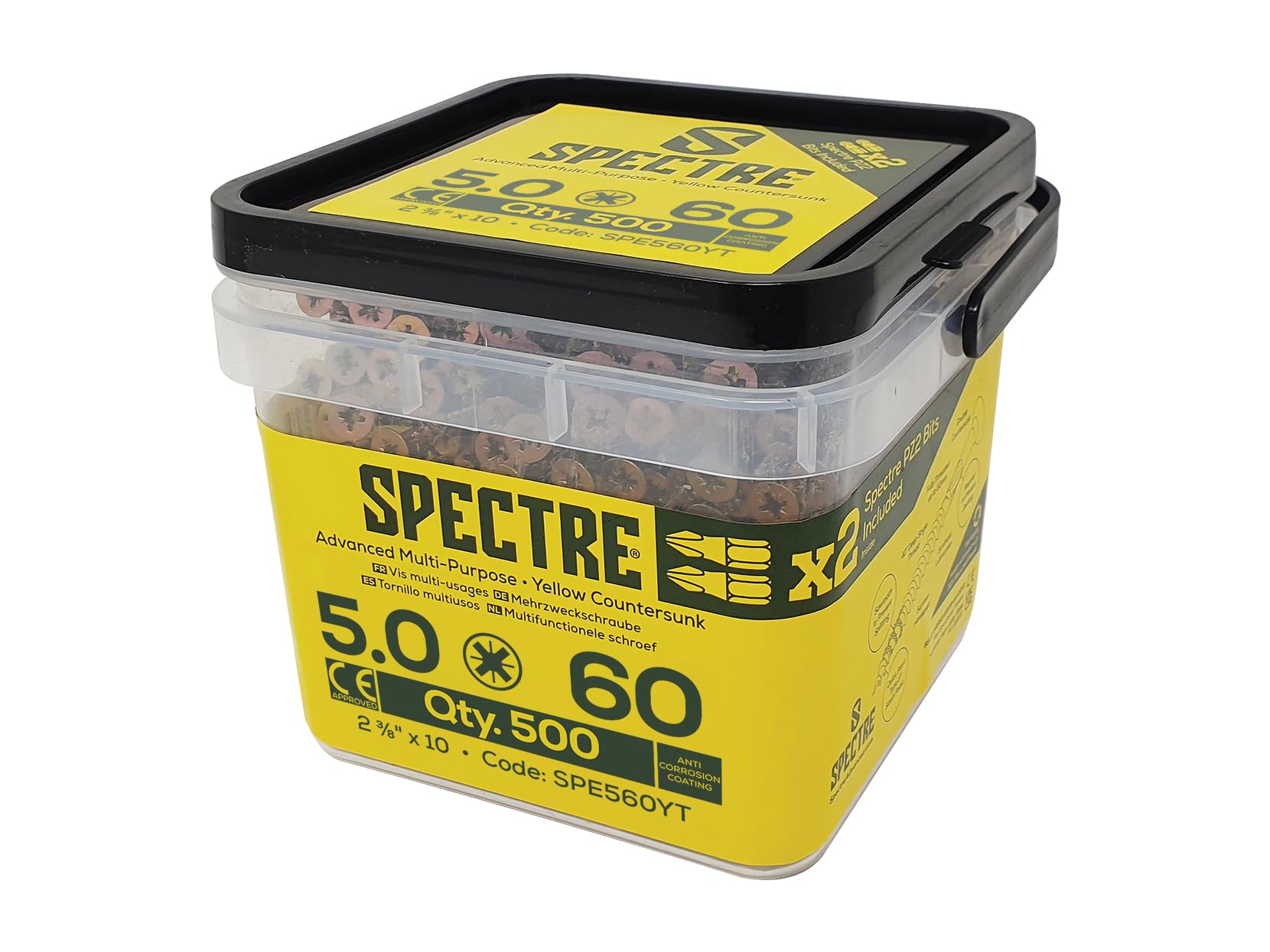 Spectre™ PZ Compatible Wood Screw CSK ZYP 5.0 x 60mm Tub 500, Yellow, 5.0mm x 60mm