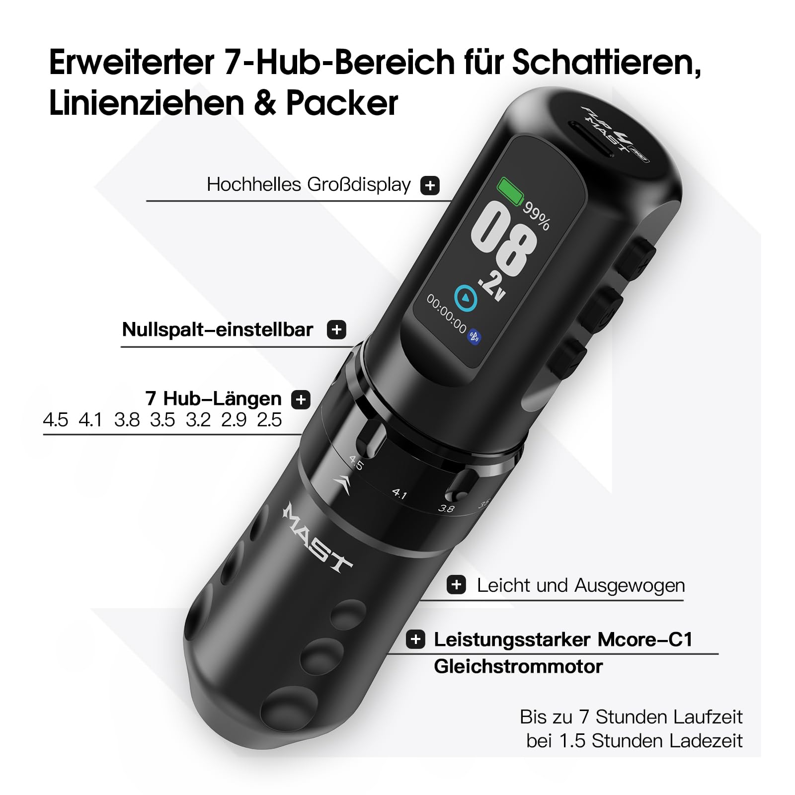 Mast Tattoo Flip4 Pro Kabellose Tattoo Maschine mit 7 Hub 2.5-4.5mm | Mcore C1.1 Motor,2 Akku 2000mAh Akku Tätowiermaschine für Profis Schwarz