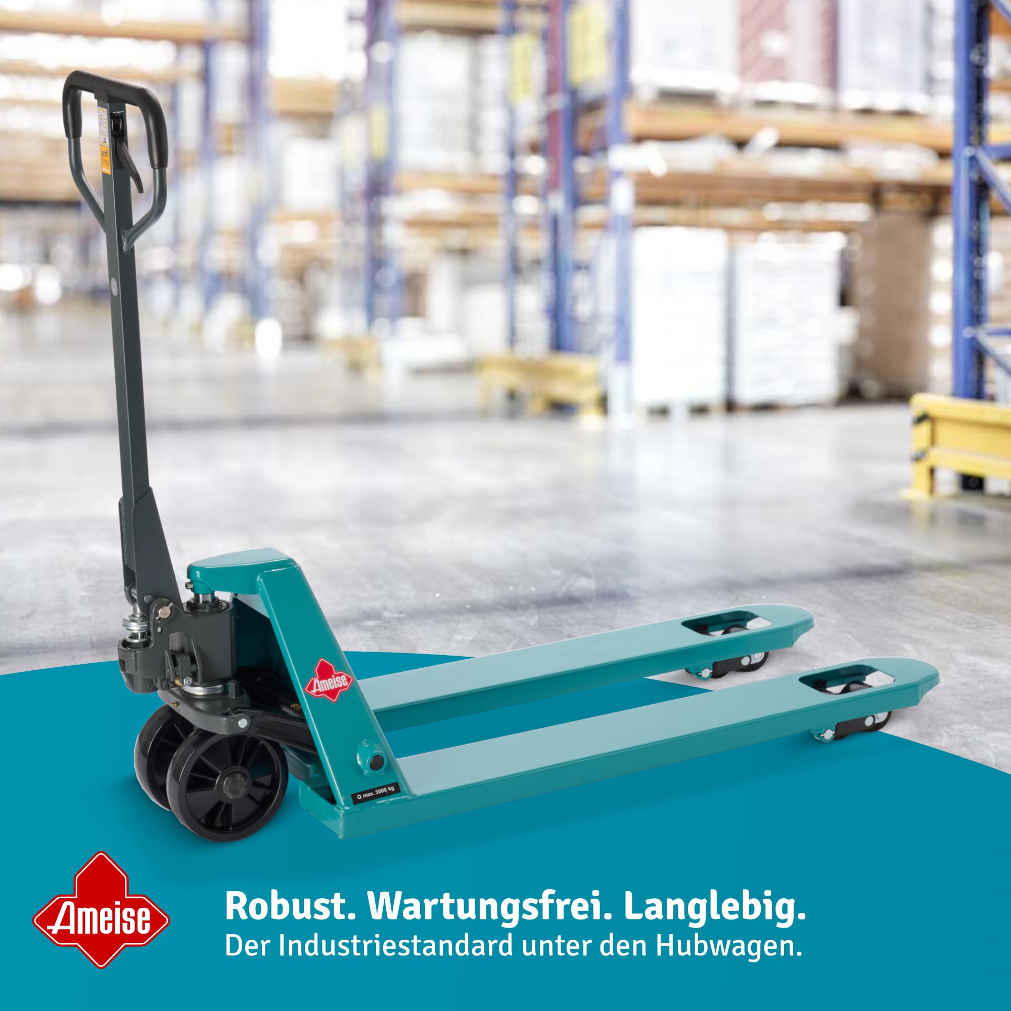 Ameise Hubwagen PTM | 3.000 kg Tragkraft | 1.150 mm Gabellänge | Lenkrad/Gabelrolle aus robustem Polyurethan | Tandem-Gabelrollen | Palettenhubwagen
