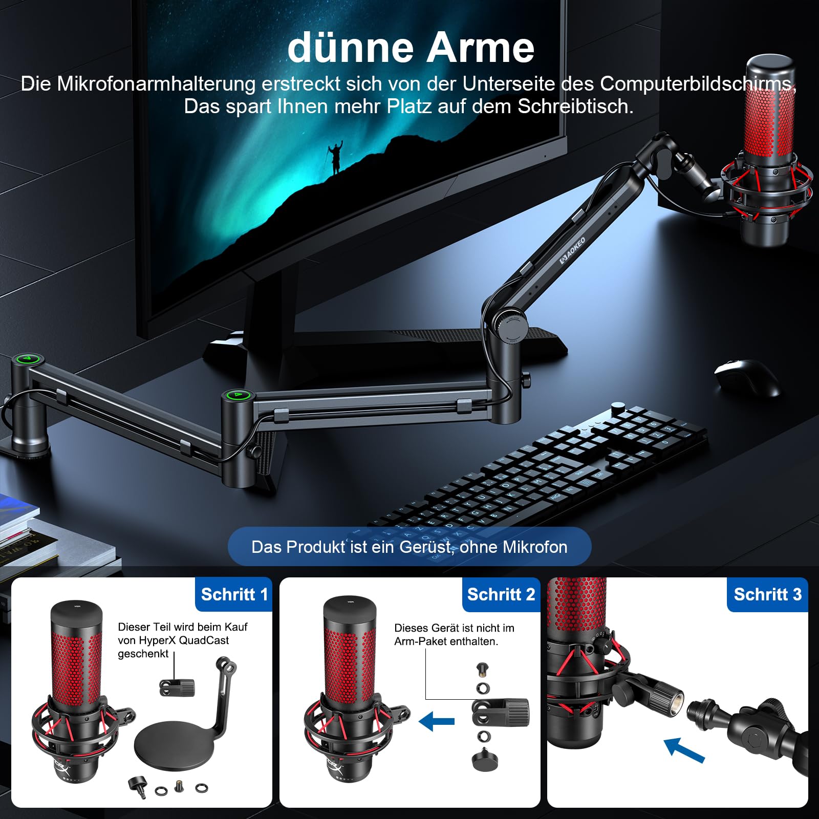 Mikrofon Arm,Aokeo AK-58i Niedriges Profil Mikrofon Ständer Arm für HyperX QuadCast,SoloCast,Elgato Wave,Shure SM7B,Blue Yeti,Blue Snowball,Broadcast,Studio Programm Aufnahme