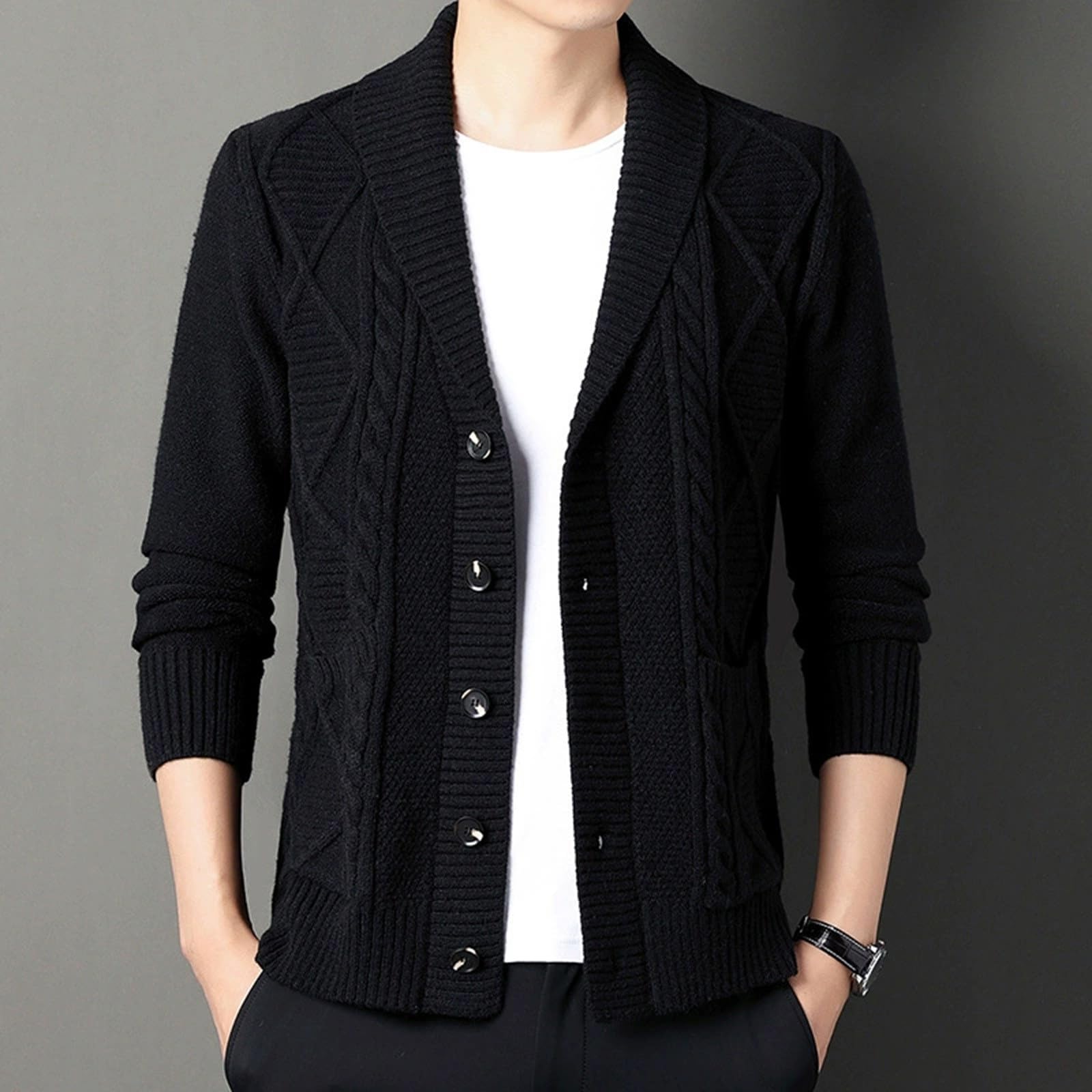 Genérico Cardigan Punto Hombre, Botones para Chaqueta Hombre con Botones De Punto De Manga Larga Frente Abierto Ligeros con Botones Suéter Tipo Cárdigan Suéter Otoño Invierno
