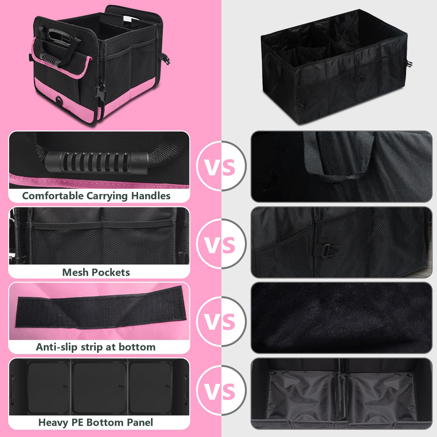 Trunk Organizer for Car, 95L Large Capacity Trunk Storage with Non-Slip Bottom Strips, Cargo Organizer for Suv, Truck, Sedan, Waterproof Portable Car Organizers for Women Men(Pink)