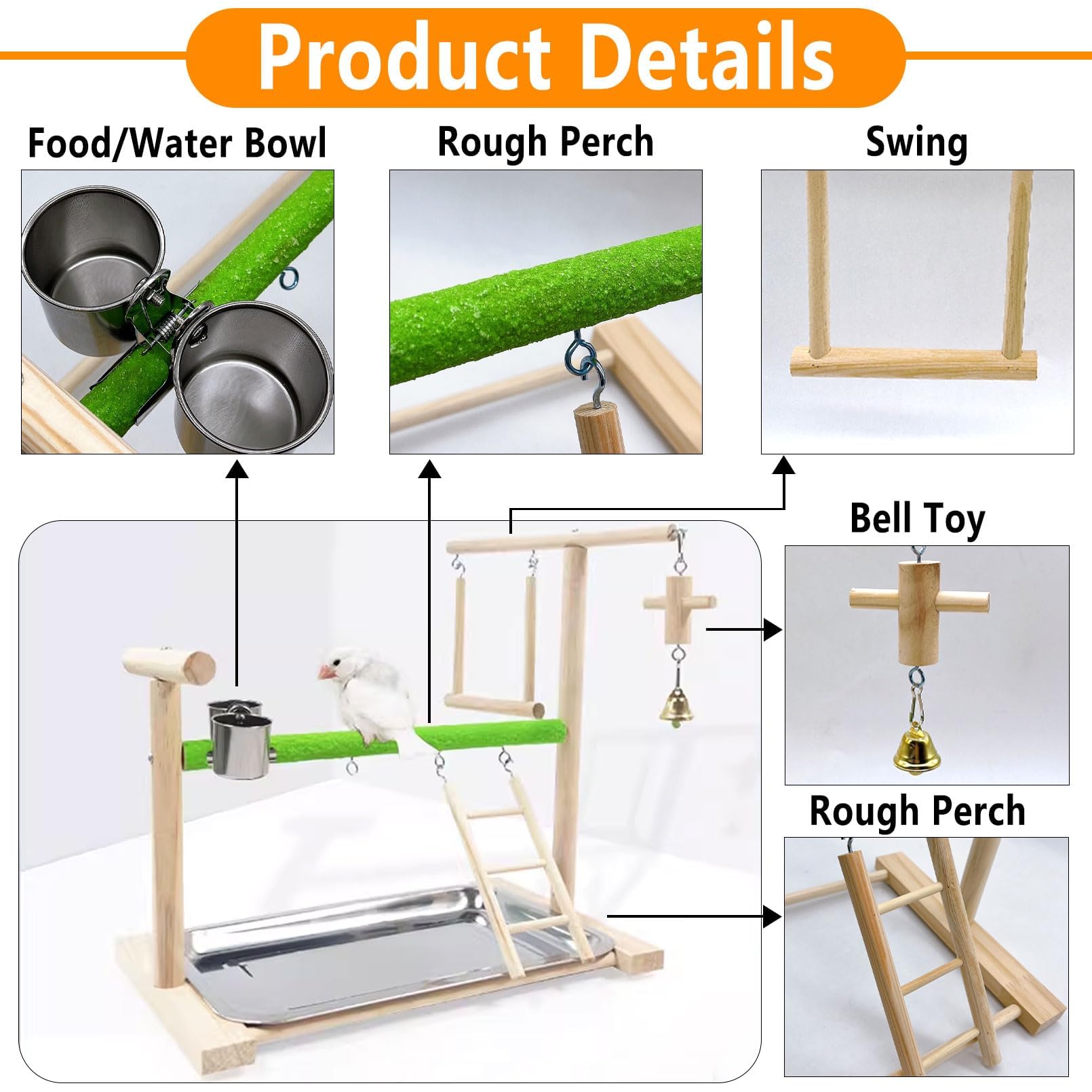 Acsist Birds Playground Parrot Playstand Birds Perch Stand Gym Natural Wood Play Stand with Ladder Swing Feeder Cups for Parakeets Cockatiels Lovebirds Conures Budgies - image 2