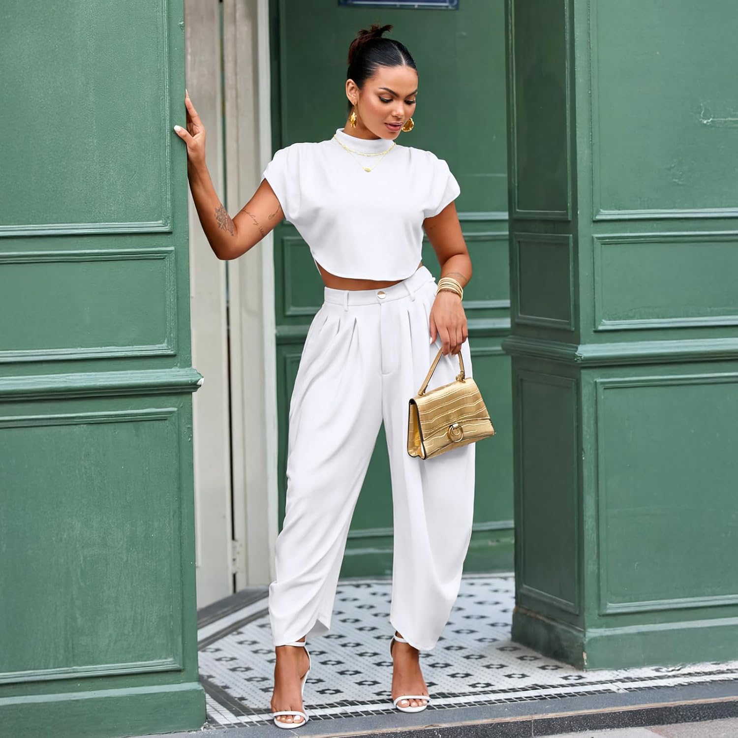 kaimimei 2 Piece Sets for Women Casual Mock Neck Cap Sleeve Crop Tops and Palazzo Pants Vacation Travel Outfits - Image 3