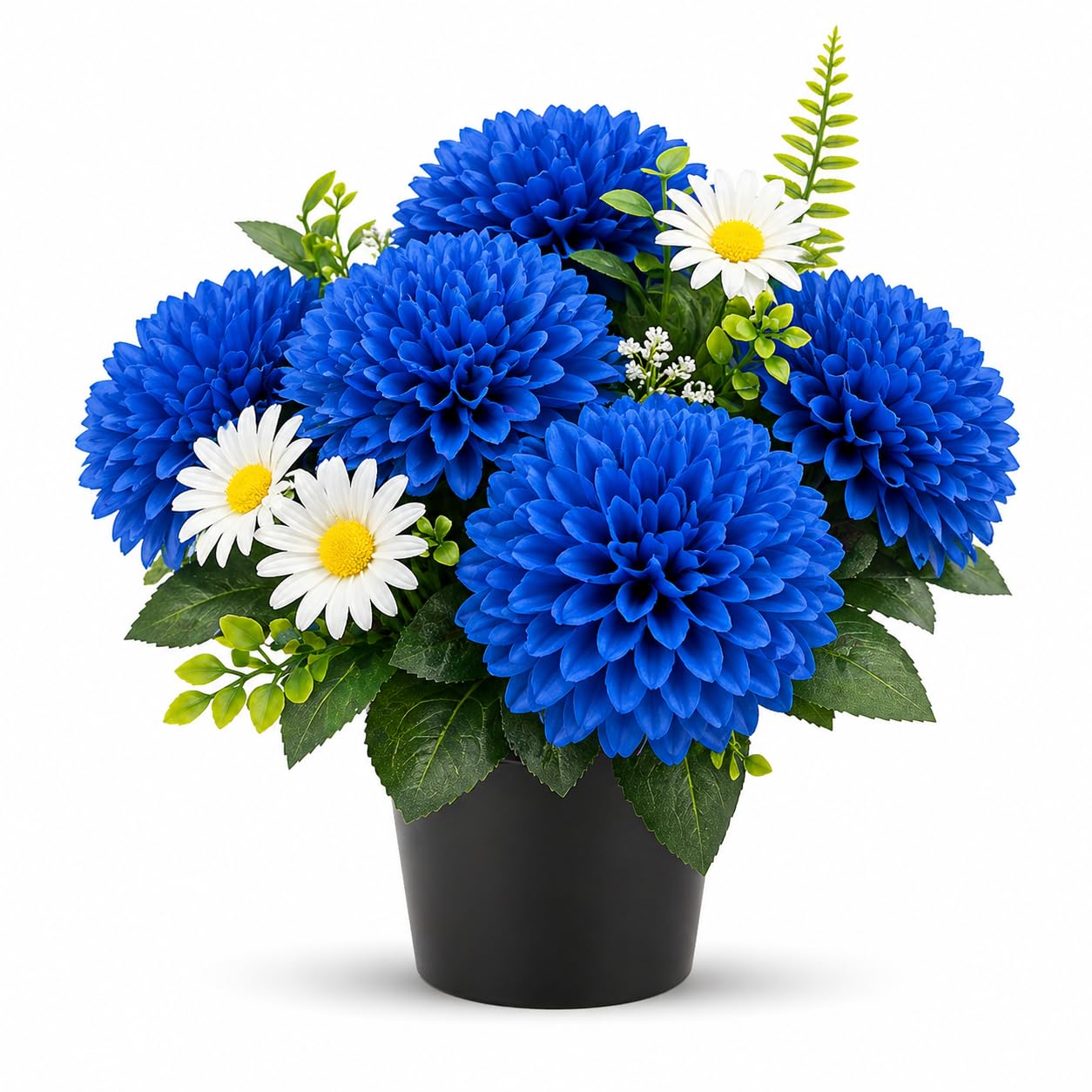 AMERISE 25cm Blue Artificial Grave Flowers in Pot – Weather Resistant Cemetery Flower Arrangement, Memorial & Funeral Decoration, Realistic Chrysanthemum Plant for Graves UK