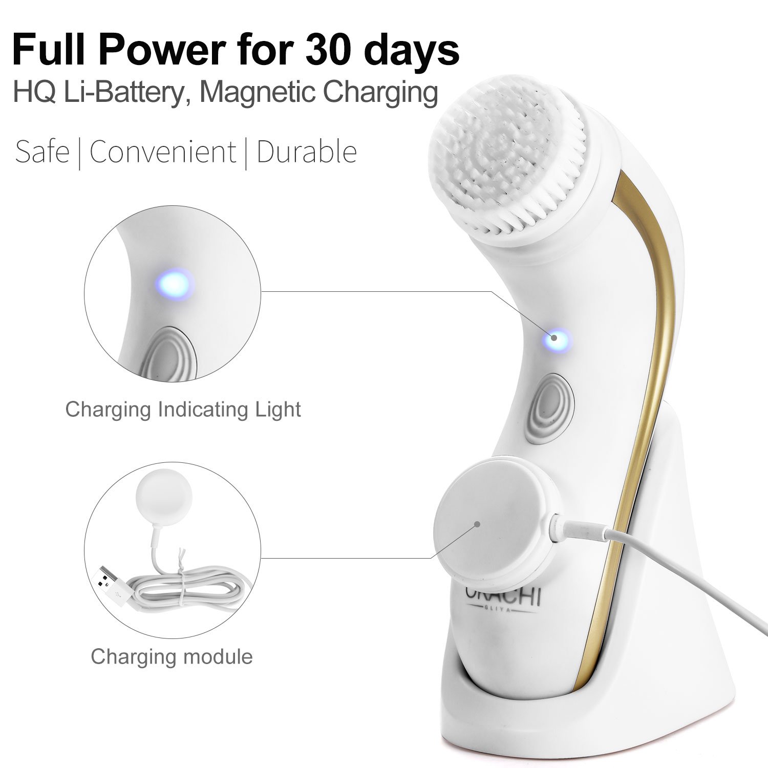 OKACHI GLIYA Cepillo Facial Limpiador Eléctrico con IPX7 Impermeable del Agua Exfoliante de Piel Limpieza Profunda con 2 Cabezales de Cepillo – Dorado
