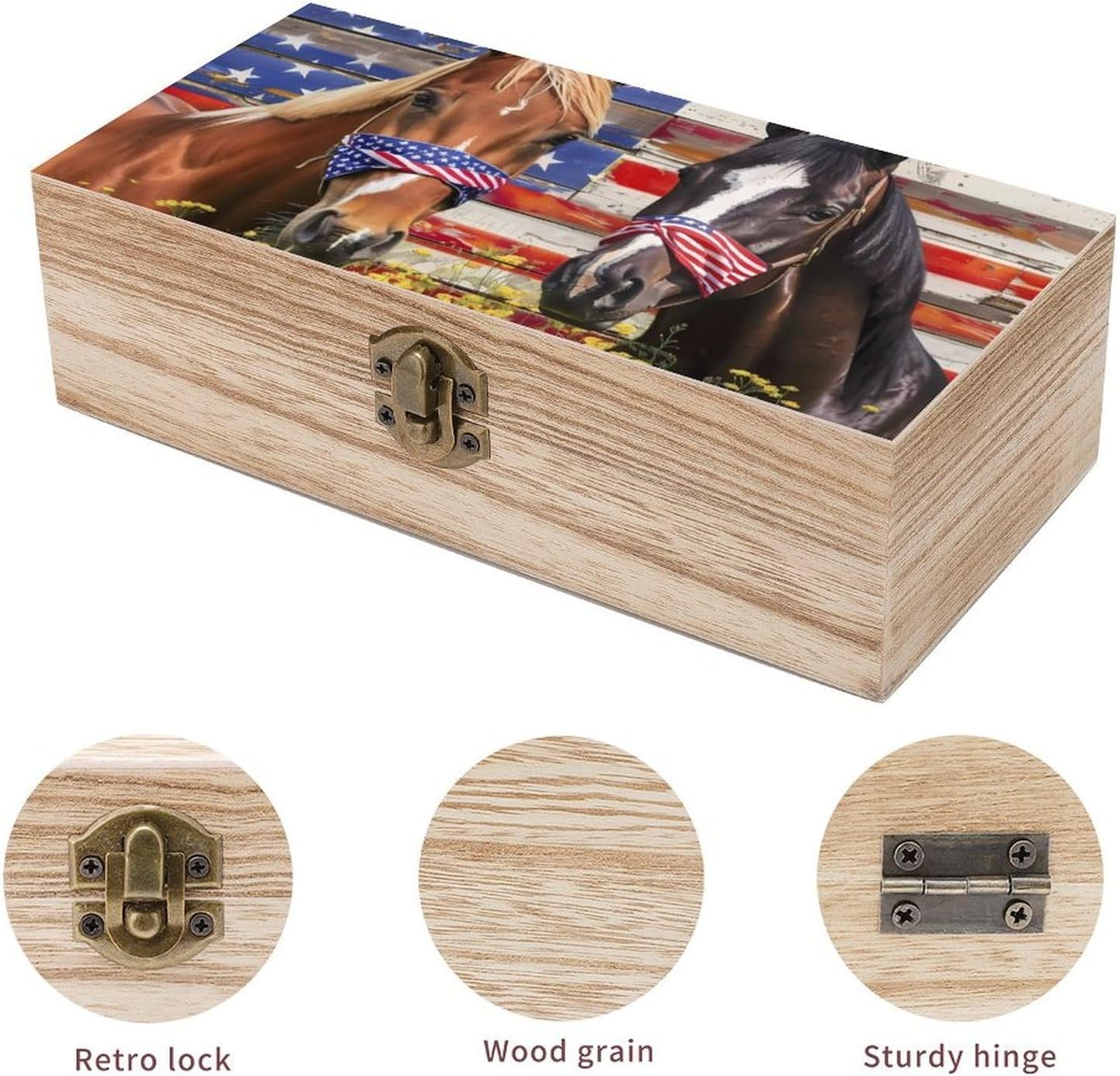 Horse Sunflower U.S. Flag Funny Storage Boxes with Lid Wood Home Organizer image 3