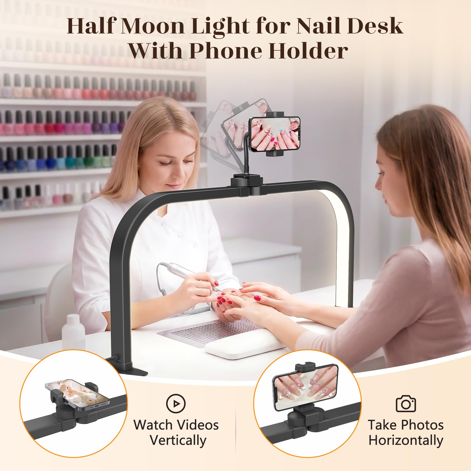 Lampara Media Luna Manicura: 29in Lampara Manicura para Principiantes - 3 Modos de Color y 10 Niveles de Brillo Ajustables Lampara Arco LED Mesa para Cosméticos Lectura - Negro