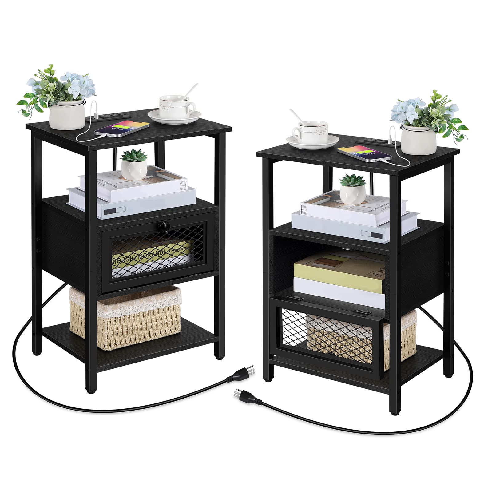 OYEAL Black End Table with Charging Station Set of 2 Nightstands with Magnetic Drawer Narrow Side Tables with USB Ports and Outlets for Living Room, Bedroom