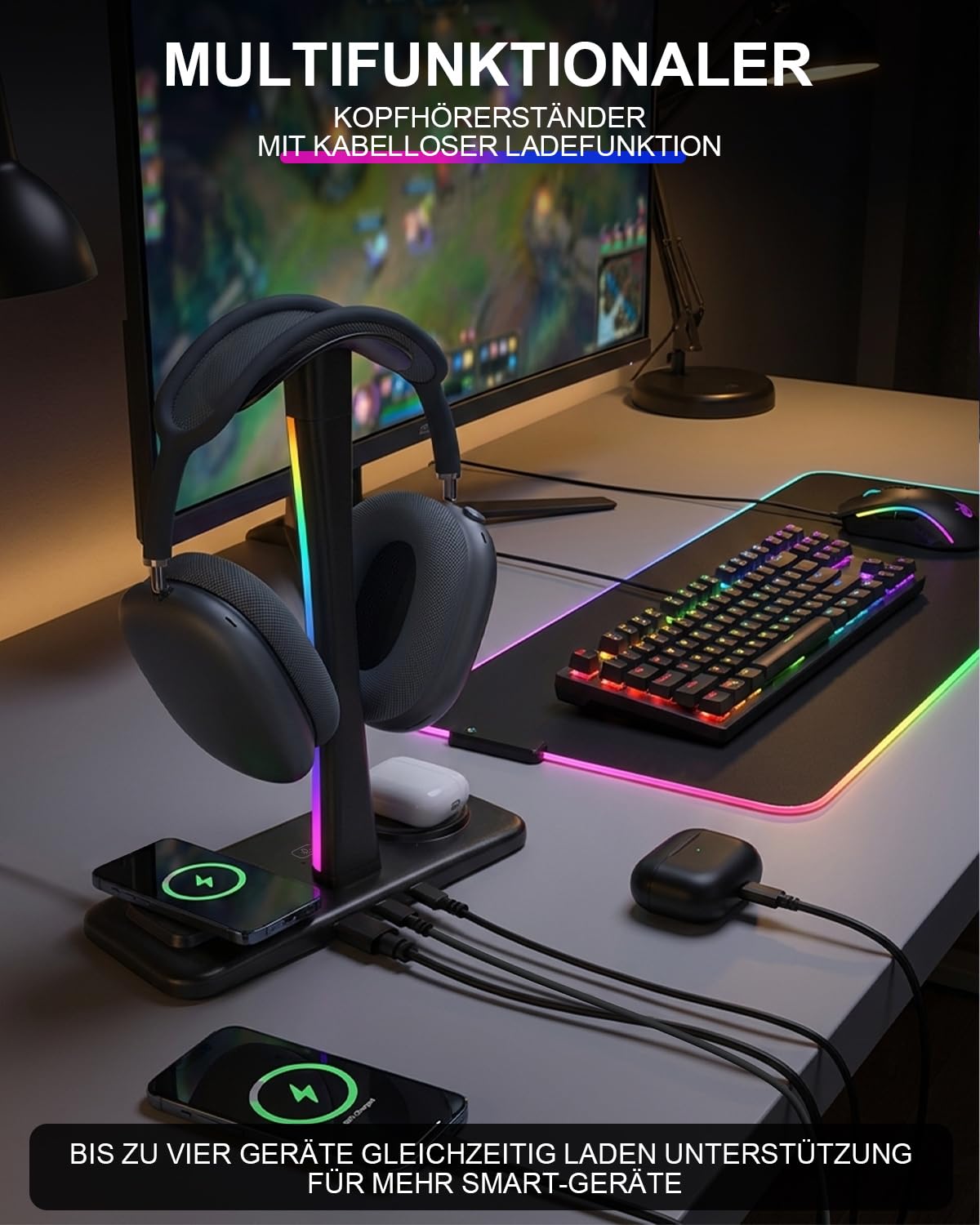 Trongle 3 in 1 RGB Gaming Kopfhörer Ständer mit 15W Wireless Ladegerät, Gaming-Headset-ständer Headset Halterung Wireless Charge Kopfhörer Halter mit 1*USB 2*Typ-C 10 Lighting Effects Modes Schwarz