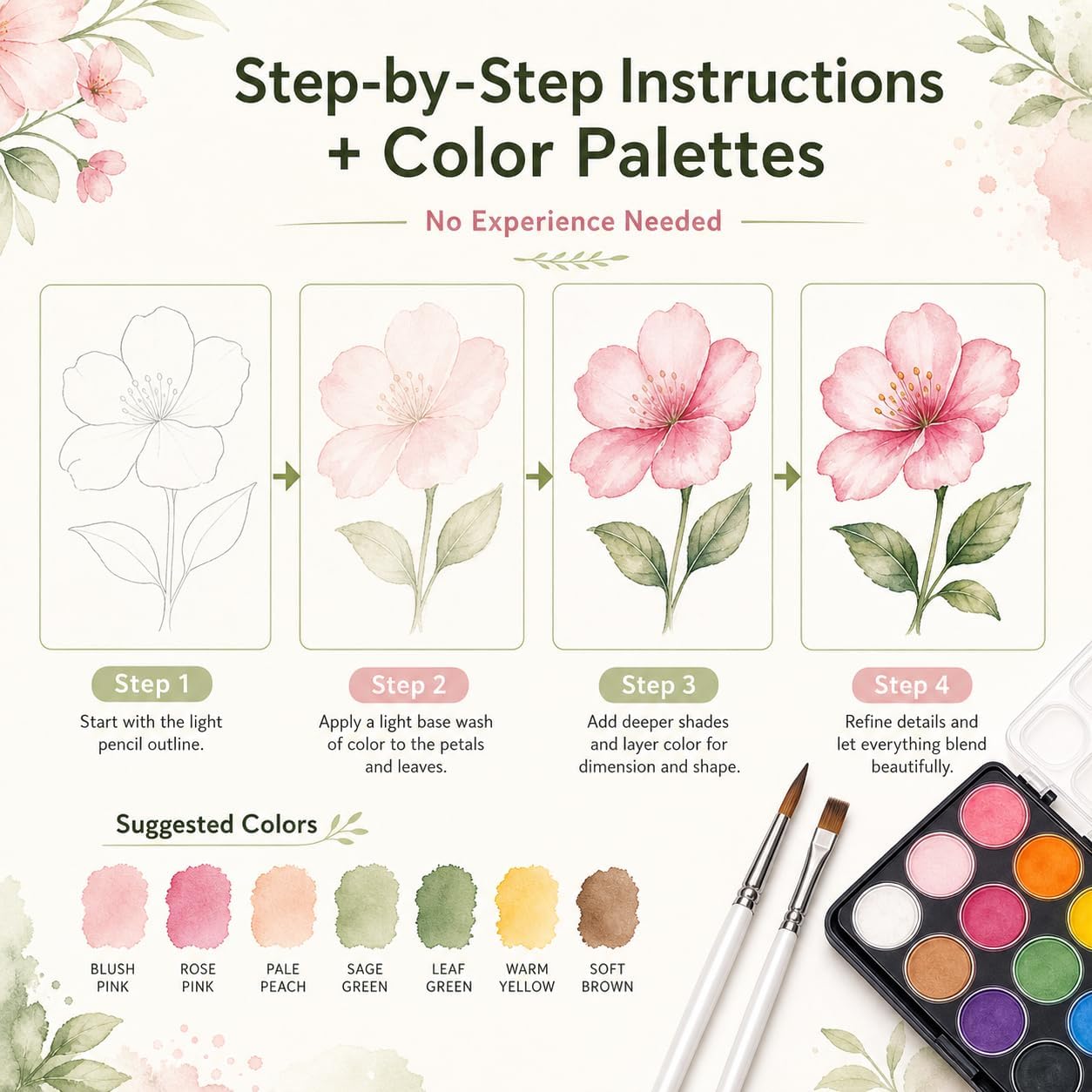 Watercolor Workbook for Beginners, 15 Beautiful Designs on 300gsm Cold Press Cotton Paper, Relaxing & Easy to Paint Water Coloring Book for Adults Teens, Gift to Spark Creativity & Relieve Stress