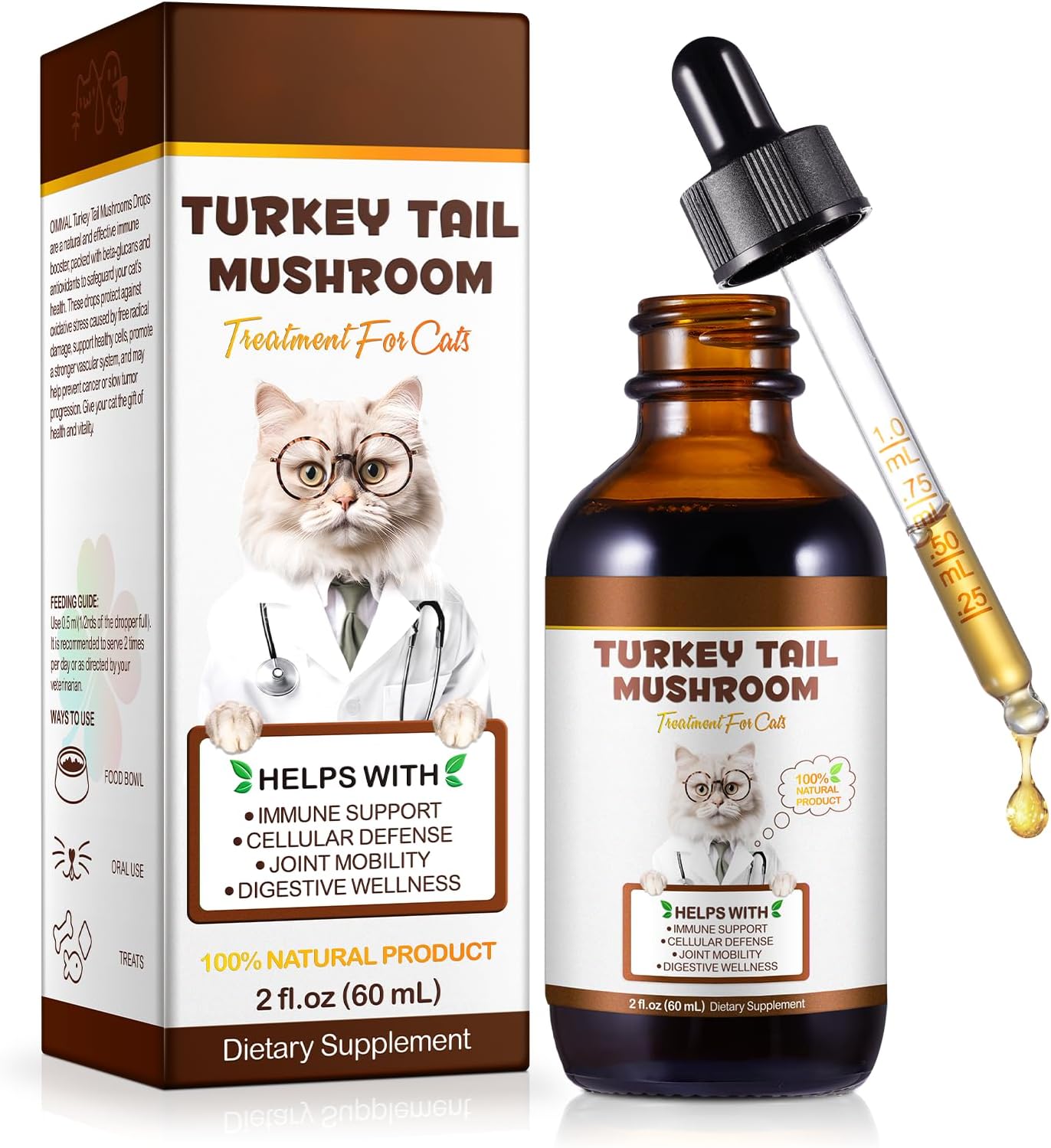 Turkey Tail Mushroom for Cats, Faster Absorption Turkey Tail Mushroom for Immune & Digestive, Joint, Energy, Cat Mushrooms Drop with Turmeric & Probiotic- 60ml