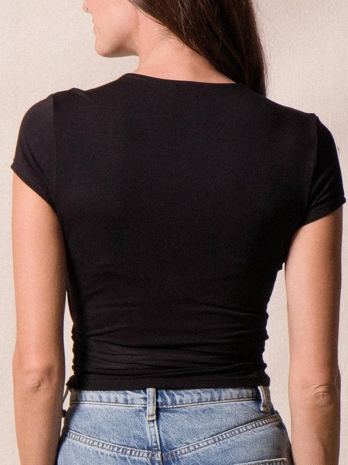 Womens Crop Tops Summer Short Sleeve Deep V Neck Wrap Top Slim Fit Cute Criss Cross Tie Up Front Shirts - Image 3