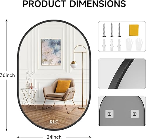 Miniatura 3 de Faxamol Espejo de baño ovalado de 24 x 36 pulgadas, espejo de marco de metal negro, colgante vertical y horizontal, espejo de tocador montado en la