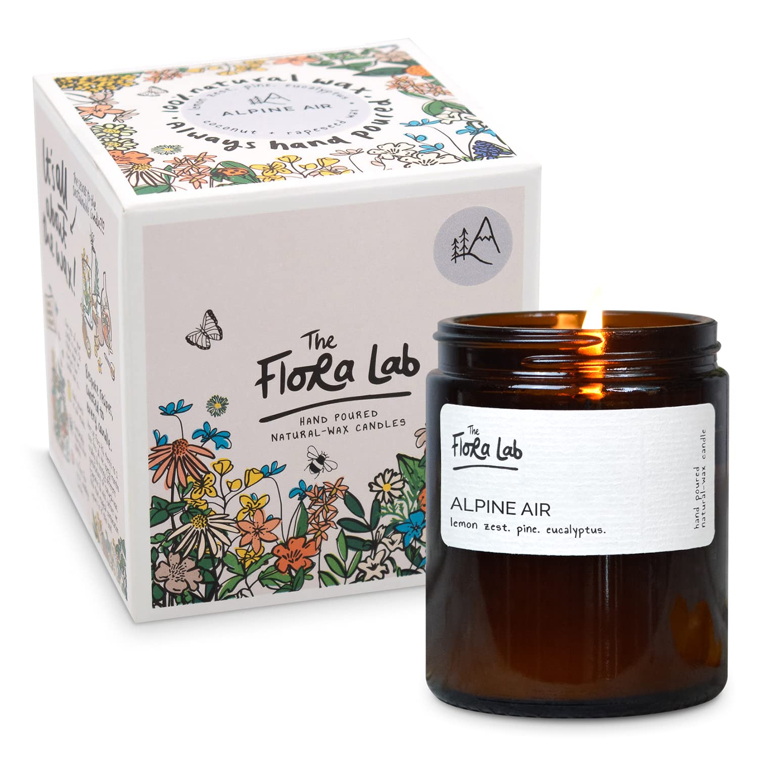 The Flora Lab Alpine Air Natural-Wax Candle | Lemon Zest, Pine and Eucalyptus | Hand Poured Sustainable Plant Based Wax | Non Toxic Vegan Paraffin Free | 180ml