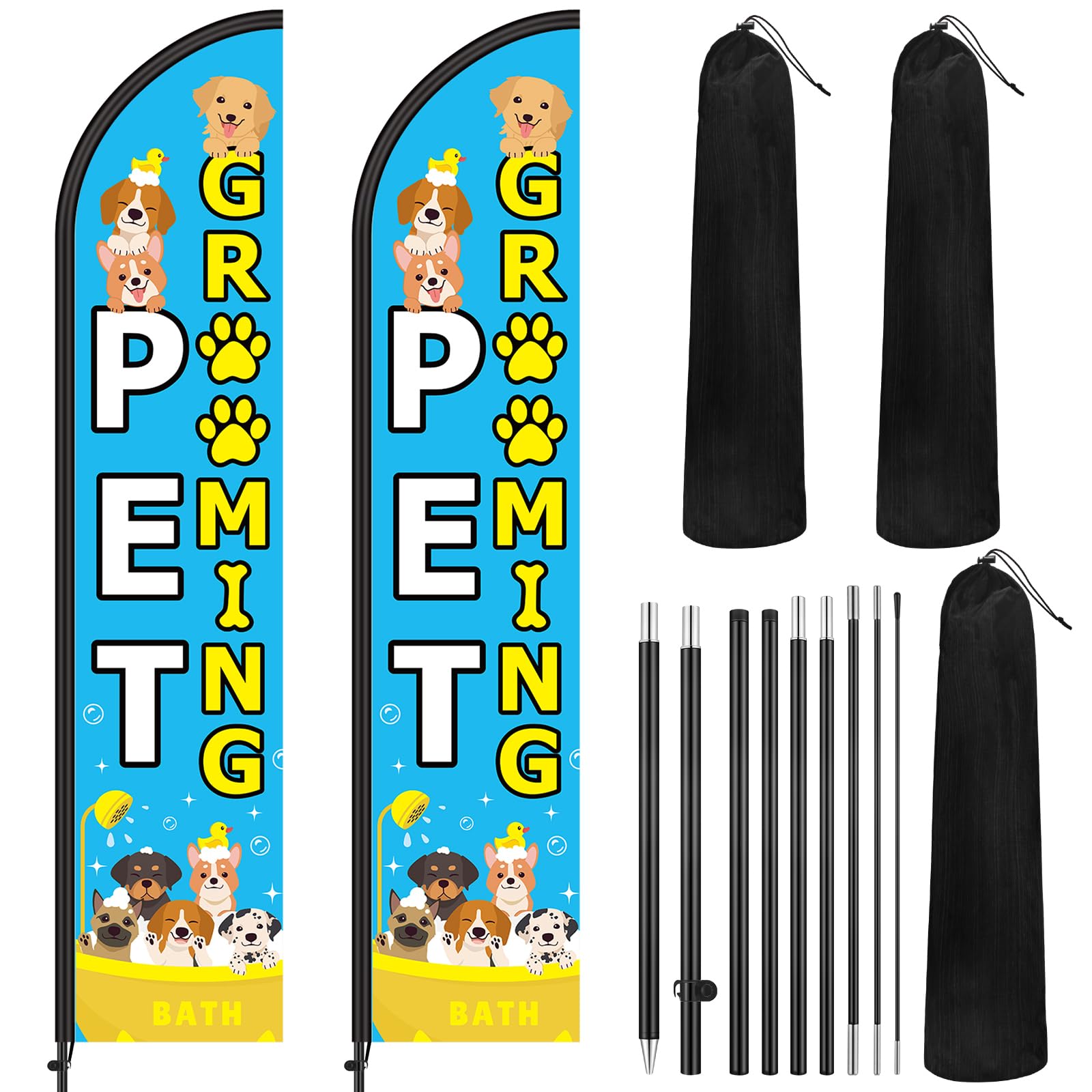 Remagr 2 Set Pet Grooming Feather Flag Pole Kit Pet Care Store Business Advertising Include 7.9 ft Dog Grooming Banner Sign 11.5 ft Flag Pole Kit with