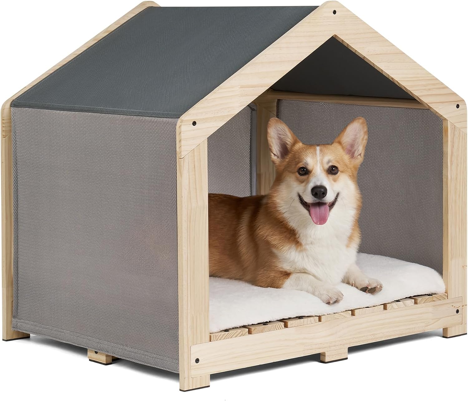 Veehoo Indoor Dog House, Solid Wood Dogs House Bed with Washable Removable Cover, Cozy Breathable Dog Houses Indoor for Small to Medium Size Dogs up to 70lbs