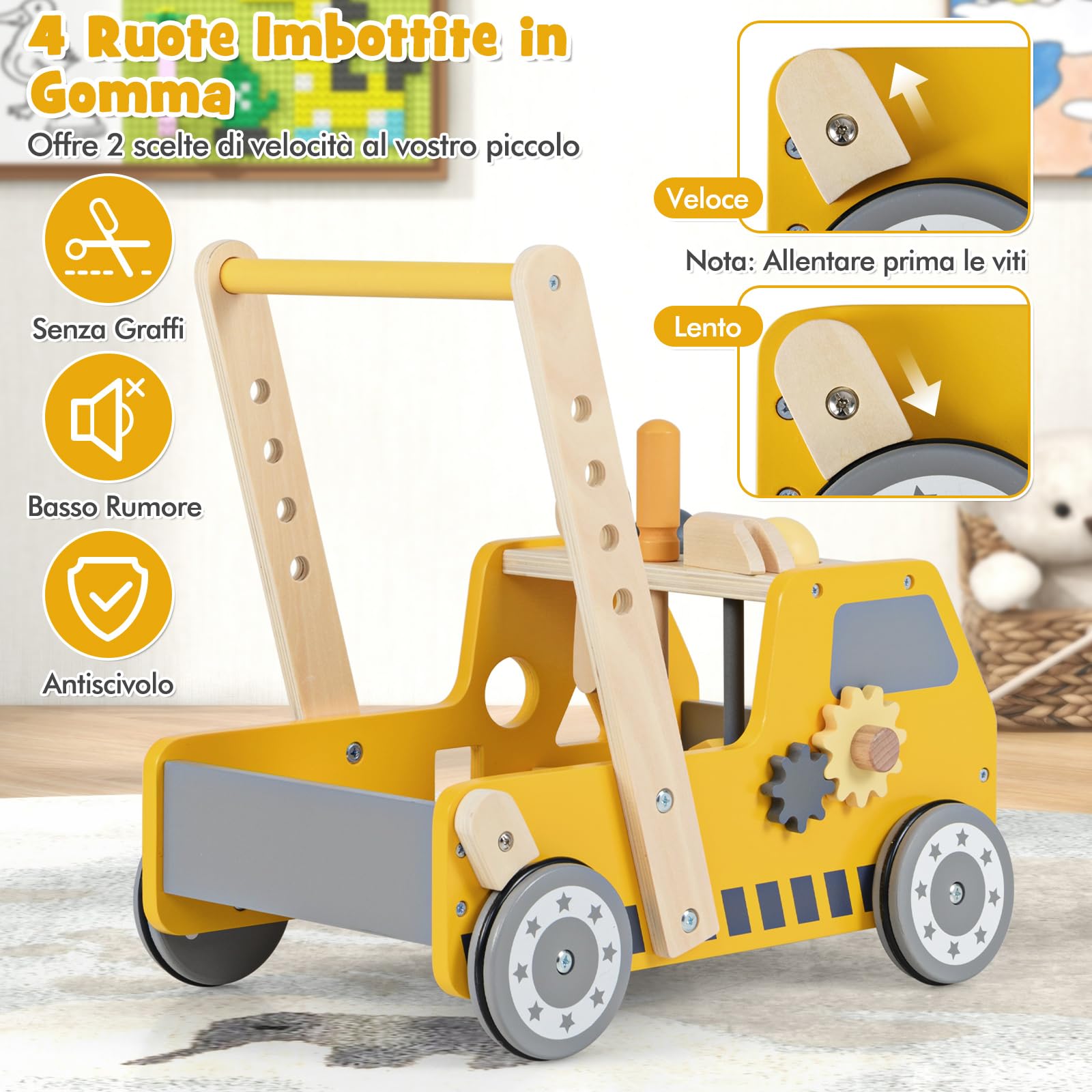 COSTWAY 2-in-1 Primi Passi per Bambini con Altezza Regolabile, Girello in Legno con Banco da Lavoro, Carrello da Spinta con Giocattoli Montessori, Velocità Regolabile, Spazio di Archiviazione