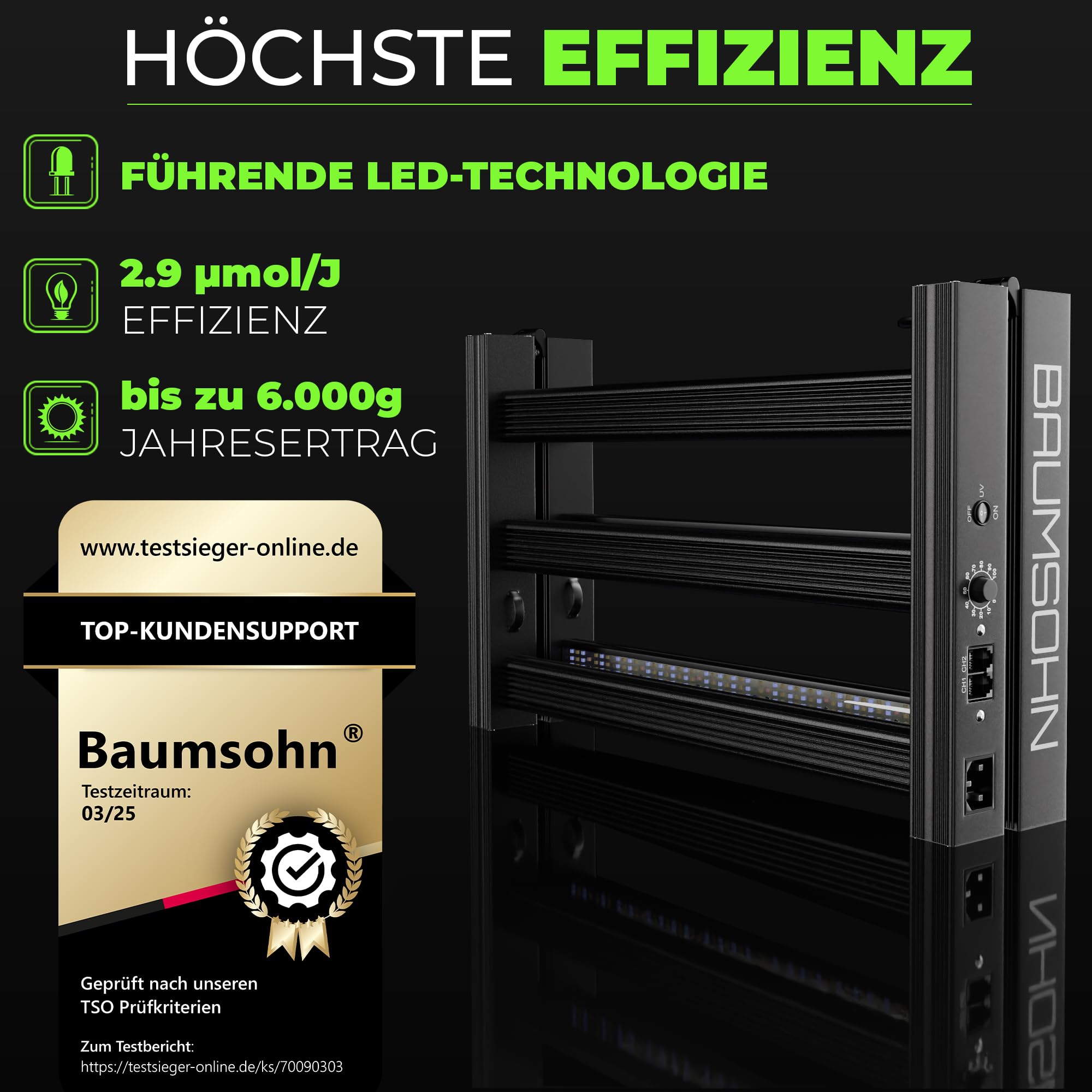 Baumsohn® ProLine GL2000W Vollspektrum LED Grow Light Pflanzenlampe mit LED Technologie Pflanzenlicht dimmbar mit 5 Jahre Herstellergarantie