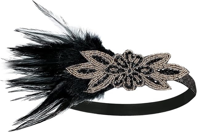 WOSO 1920s Flapper Feather Headband, 20s Sequined Showgirl Headpiece, Gatsby Hair Accessories for Women (Black)