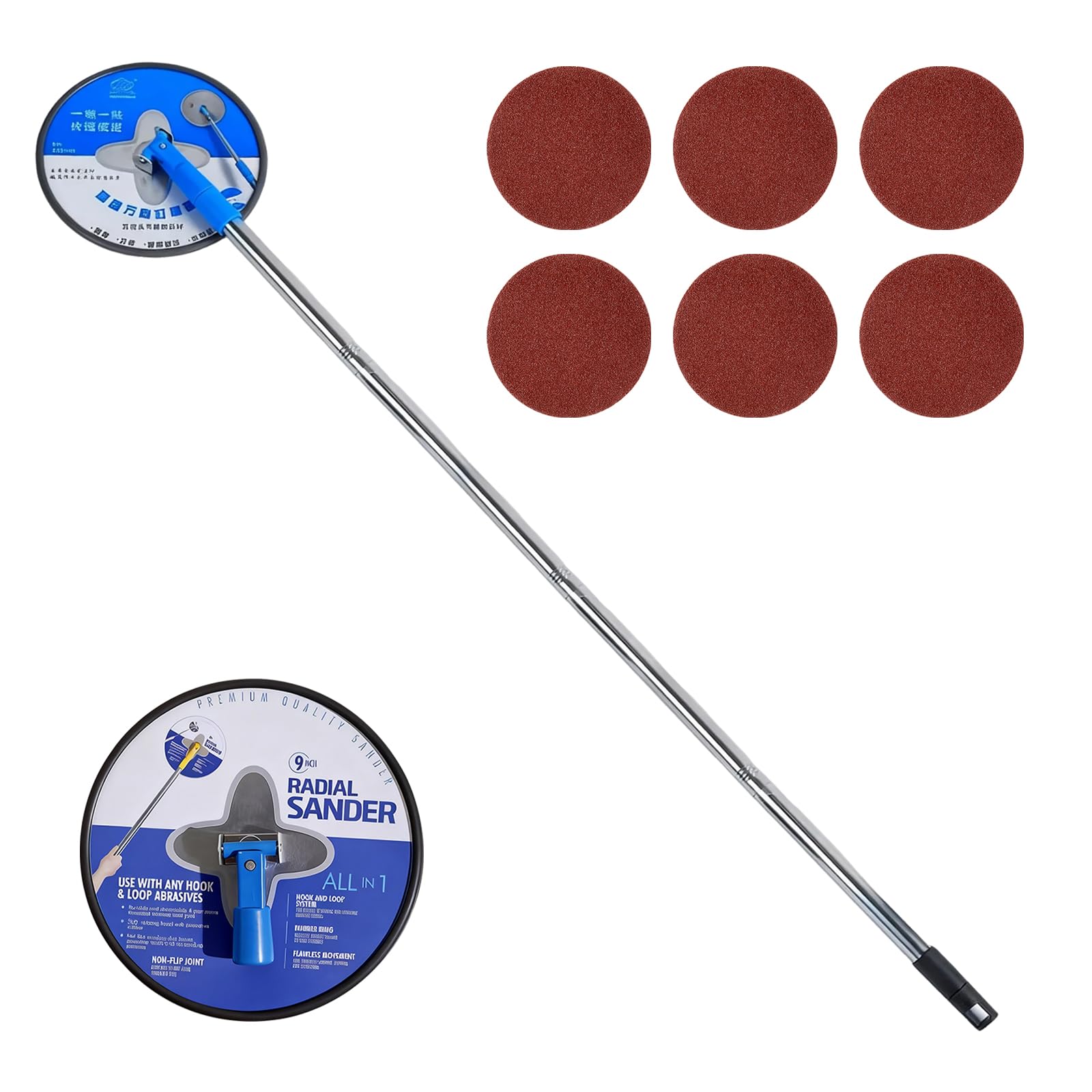 75 Inch Drywall Pole Sander 360 Circular Radial Sander with Extension Pole 6pcs Sanding Sheets (80/100/120/180/240/320 Grit) for Wall Cleaning and Polishing
