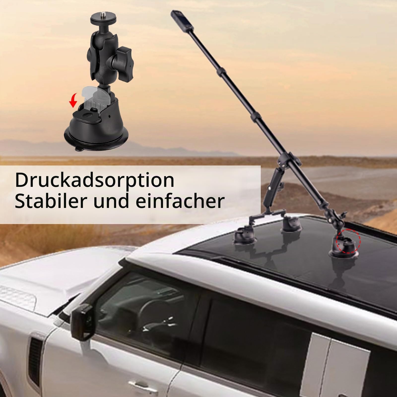 Dreifach Saugnapf Autohalterung Set, Auto Dreifach Saugnapfhalterung und Klemme für Insta360 Gopro Akaso Action Kamera, 28-112 cm Einziehbarer Selfie Stick Magic Arm Kamerahalterung