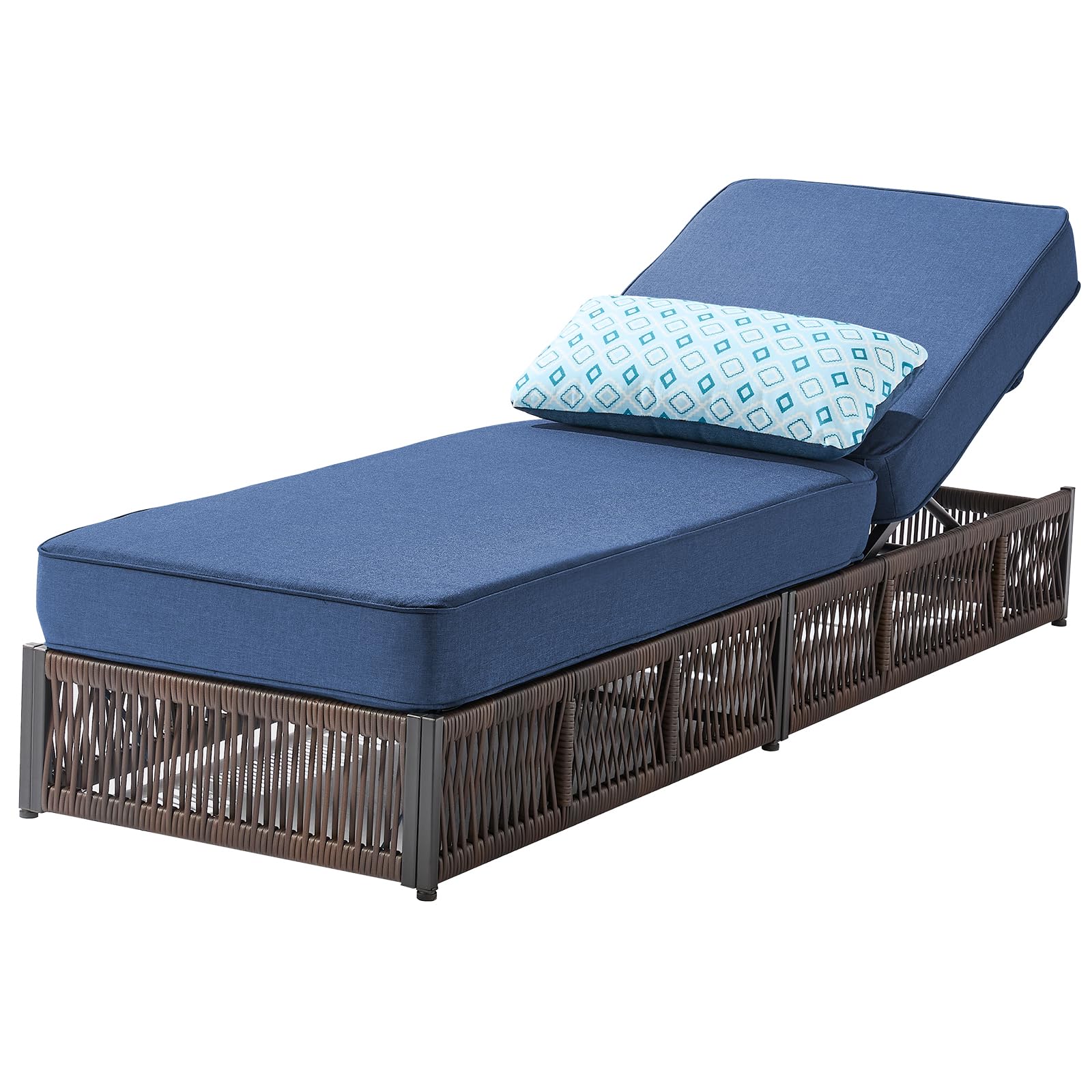 Condition photo showing New/Like New for luxury outdoor chaise lounge with 5 inch thickened cushions - 1 set high back brown wicker patio recliners rattan reclining chairs porch poolside pool sunbathing lounger - navy blue