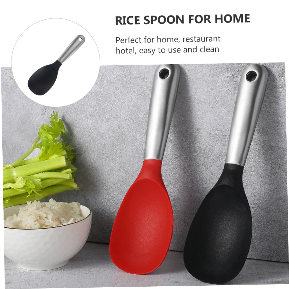 Garneck 1pc Silicone Rice Spoon Paddle Serving Spoons Heat-resistant Spoon Long Handle Spoon Reusable Rice Spoon Rice Ladle Rice Dispenser - Spoon Japanese Ramen Spoons Black