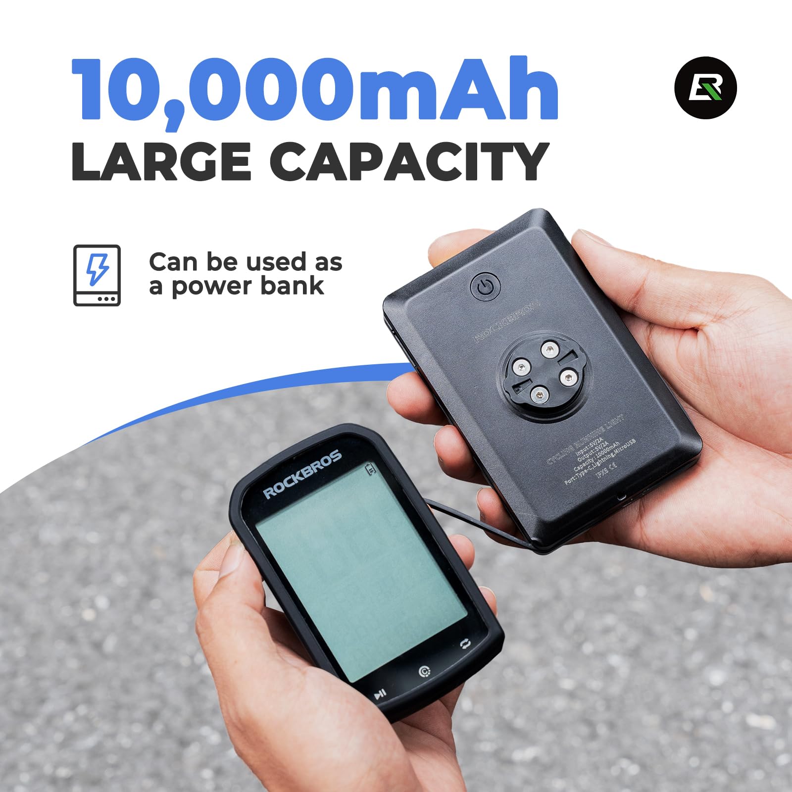 ROCKBROS Lumière de Vélo Avant+Alimentation Mobile Lampe Poche 5 Modes Éclairage IP64 Étanche Power Bank Type-C Compatible avec GPS Base Garmin Compteurs Vélo