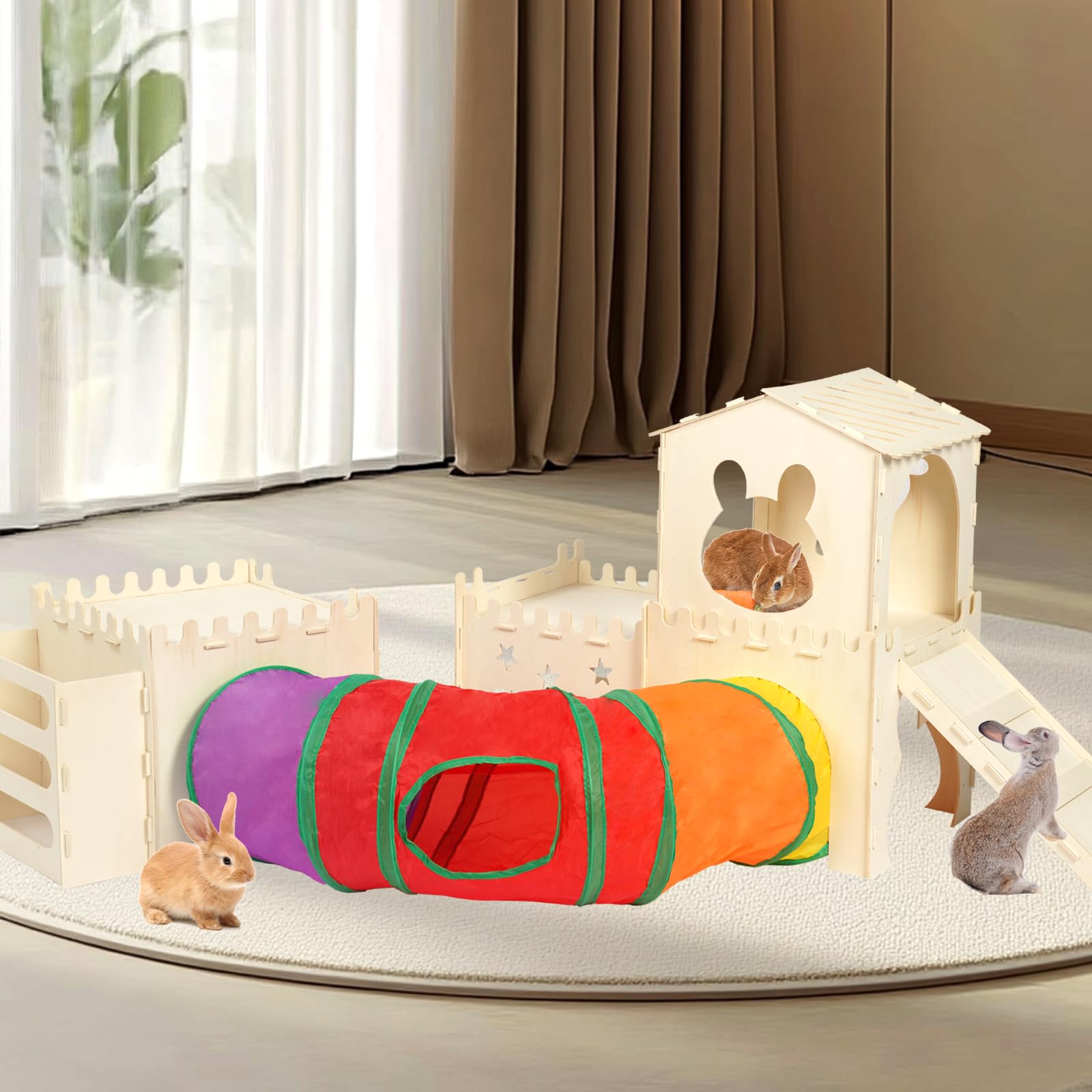 Extra großes Kaninchenversteck aus Holz mit Tunneln und Heufutterstation – mehrstöckiges Hasenschloss mit Treppe, Kletterturm und stabilem Lebensraum für Indoor-Hasen, Meerschweinchen, Chinchillas